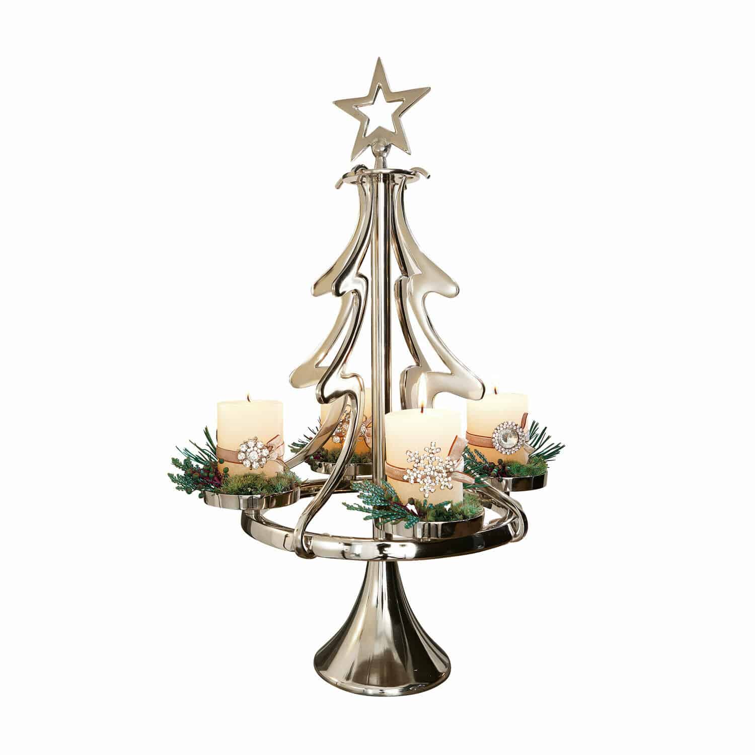 Adventskranzständer Gaetana Metall-Kerzenhalter in Tannenbaumform mit vier weissen Kerzen und Weihnachtsdekorationen