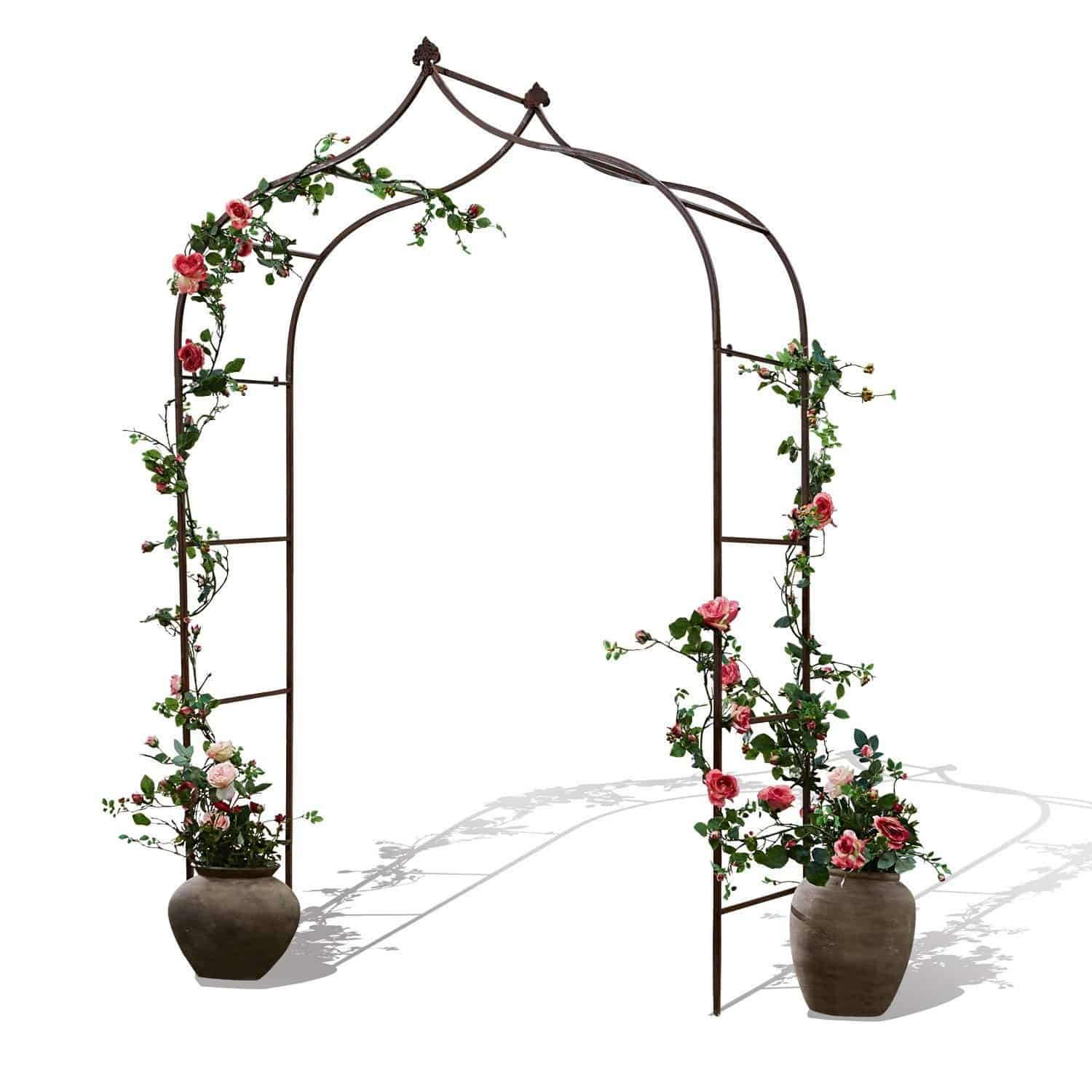 Rosenbogen Dimarus Metall-Gartenbogen in Braun mit rosa Blumen in Töpfen, dekoratives Gartenelement