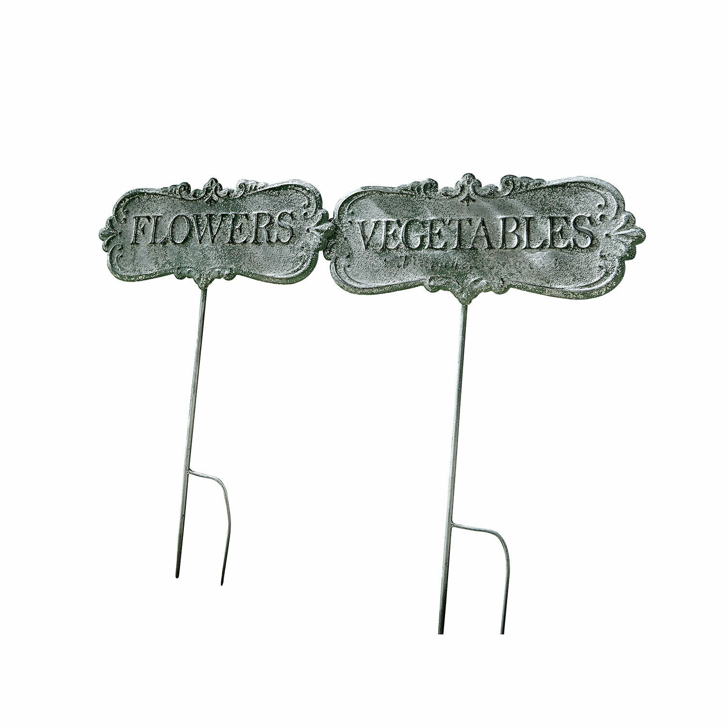 Gartenstab 2er Set Flowers & Vegetables Graue Metallschilder für den Garten mit den Aufschriften Flowers und Vegetables zur Pflanzenkennzeichnung