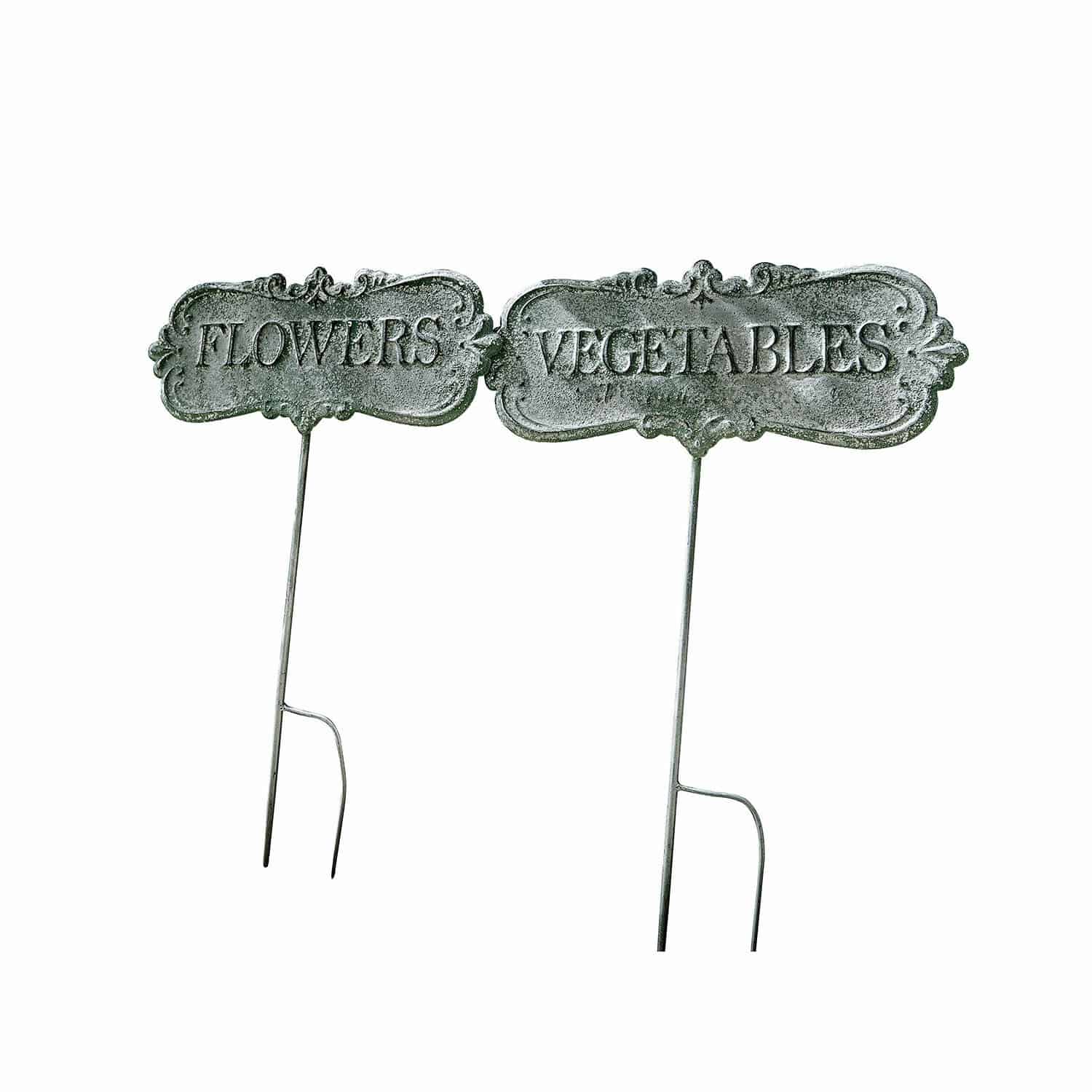 Gartenstab 2er Set Flowers & Vegetables Graue Metallschilder für den Garten mit den Aufschriften Flowers und Vegetables zur Pflanzenkennzeichnung