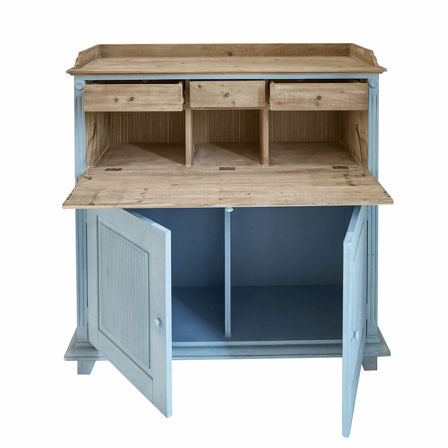 Sekretär Marignelle Holzkommode mit blauen Türen und naturfarbener Holzplatte, praktische Schubladen und Fächer zur Aufbewahrung