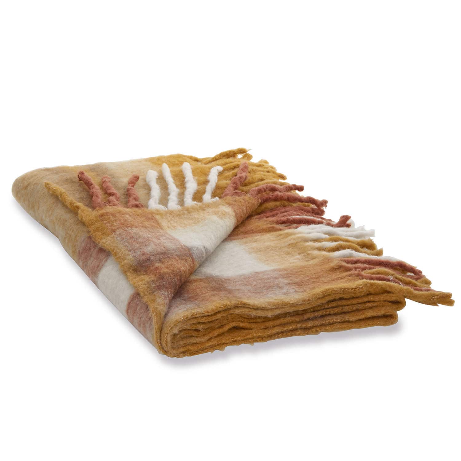 Plaid Alborg Weiche Decke mit Fransen in warmen Beige- und Brauntönen, ideal fürs Wohnzimmer.