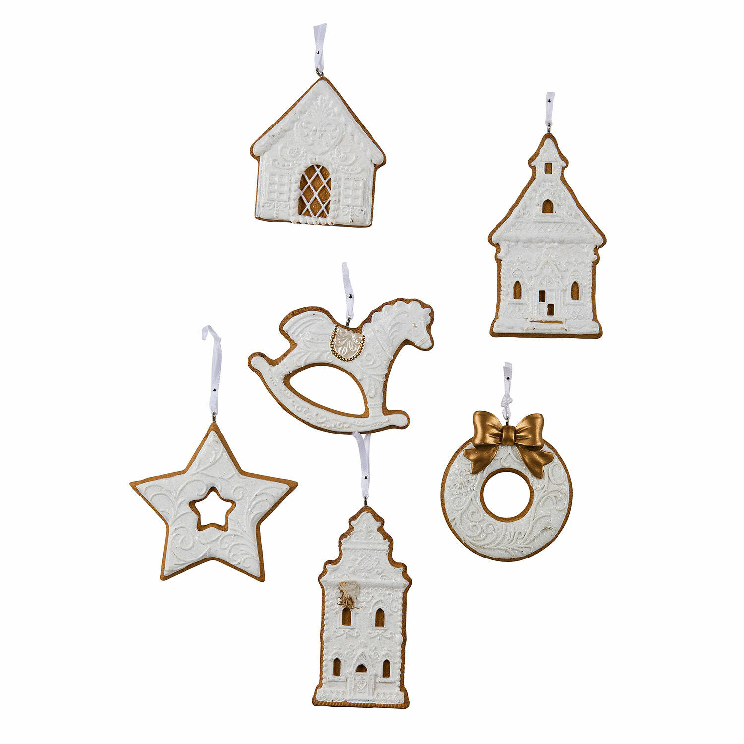 Anhänger 6er Set Roéline Set aus weissen Weihnachtsanhängern mit Haus-, Schaukelpferd- und Sternmotiven sowie Aufhängeschlaufen