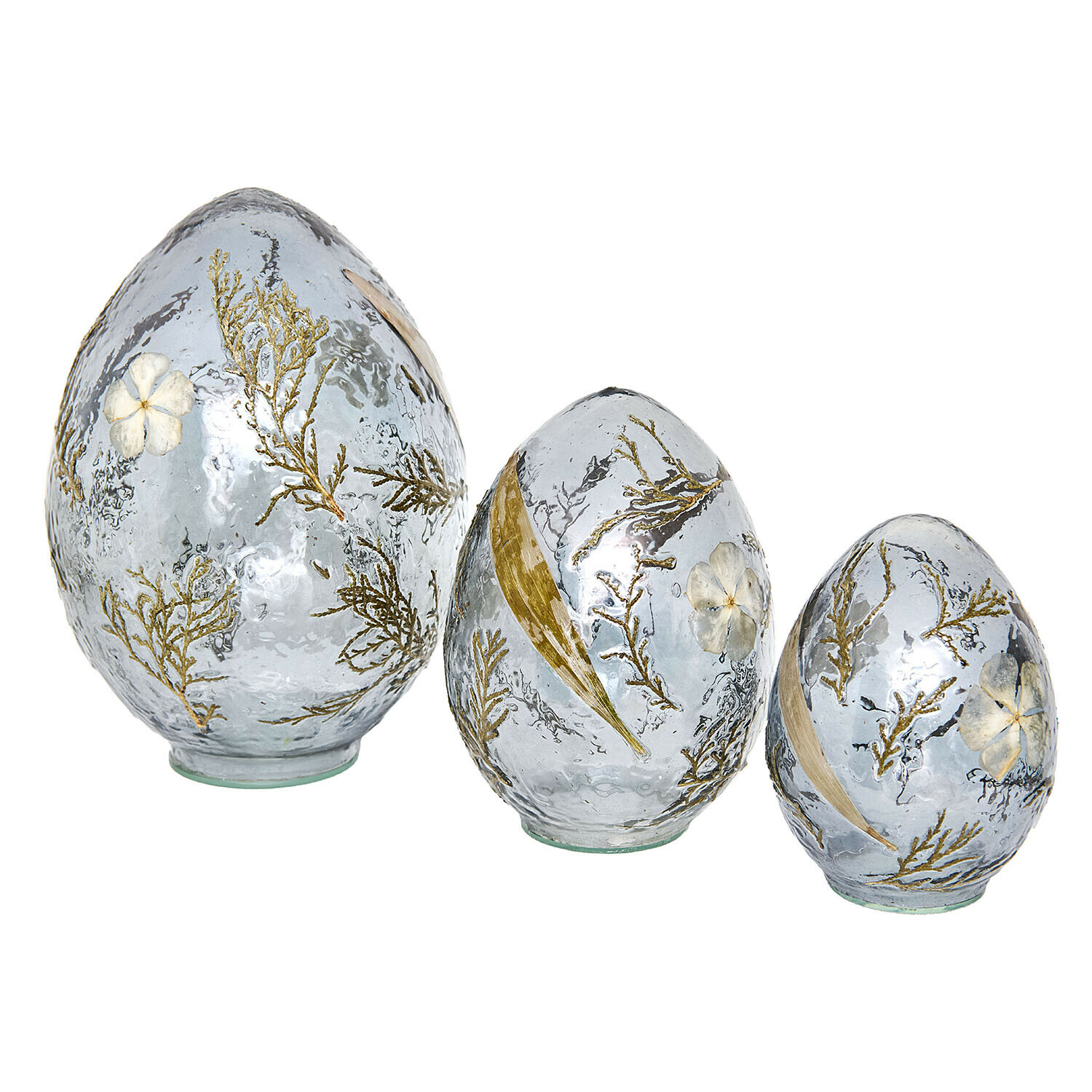 Deko-Ei 3er Set Lunavelle Set mit drei Glaseiern mit getrockneten Blumen und goldenen Blättern, Frühlingsdeko