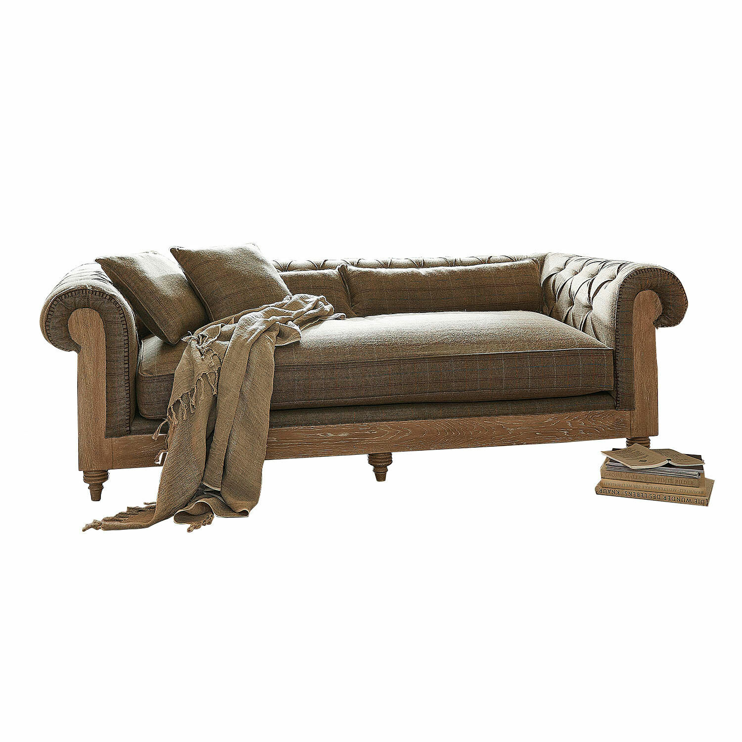 braun Braunes Kanani-Sofa aus Stoff und Holz mit Kissen und Decke, gemütliches Wohnzimmermöbel
