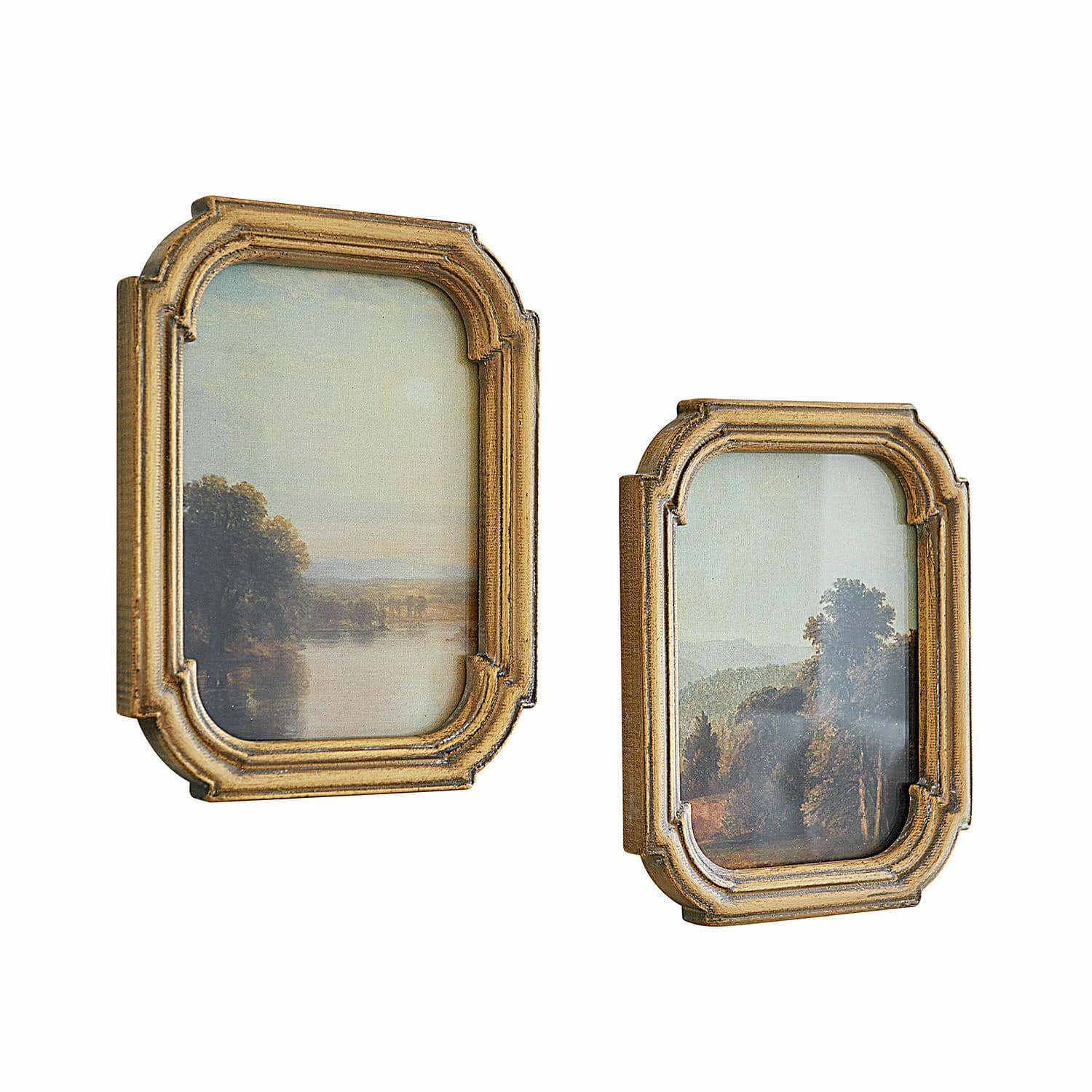 Bild 2er Set Fleuroix Set aus zwei goldfarbenen Holzrahmen mit klassischen Landschaftsbildern, Vintage-Wanddekoration.