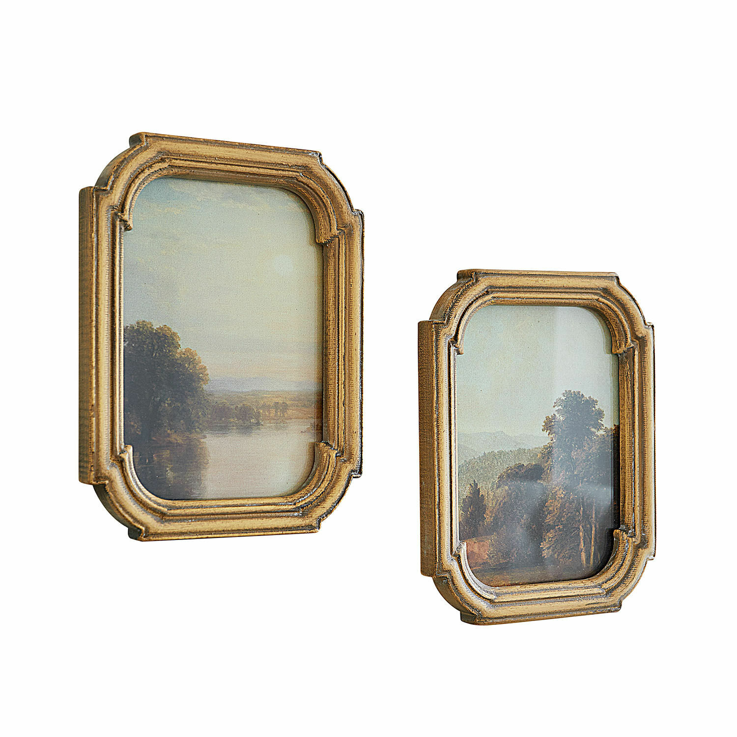 Bild 2er Set Fleuroix Set aus zwei goldfarbenen Holzrahmen mit klassischen Landschaftsbildern, Vintage-Wanddekoration.