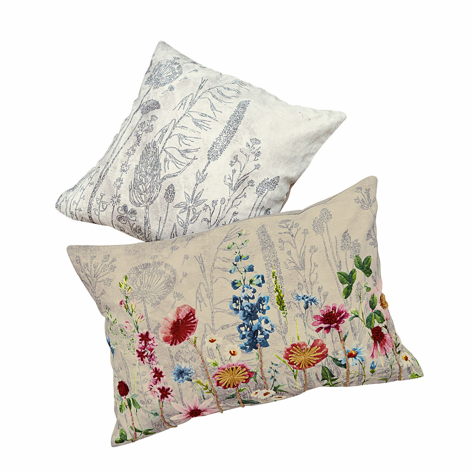 Kissenhülle 2er Set Eleonoire Set aus zwei Leinenkissen in Beige und Grau mit floralen Drucken, dekorative Wohntextilien