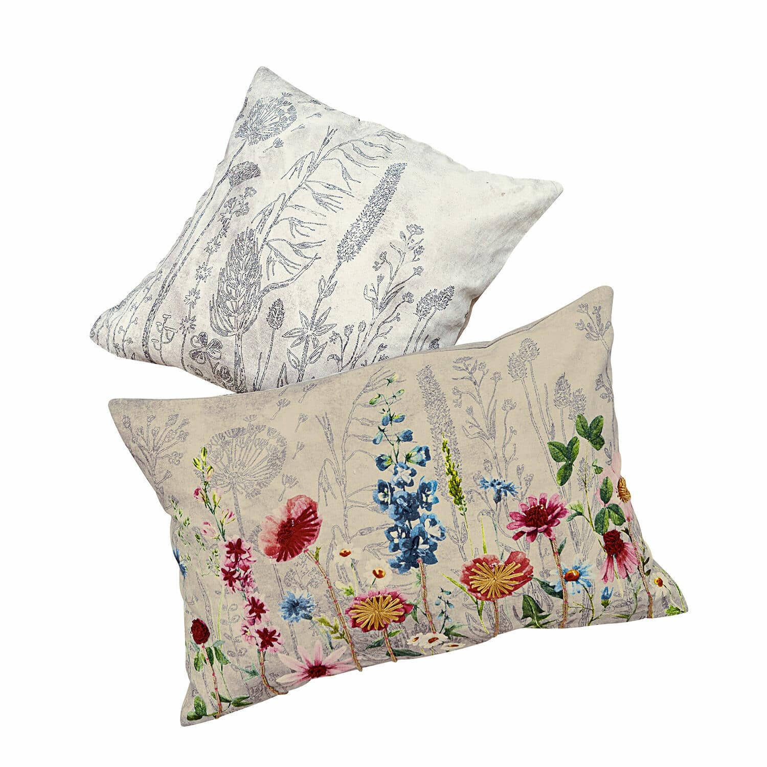 Kissenhülle 2er Set Eleonoire Set aus zwei Leinenkissen in Beige und Grau mit floralen Drucken, dekorative Wohntextilien