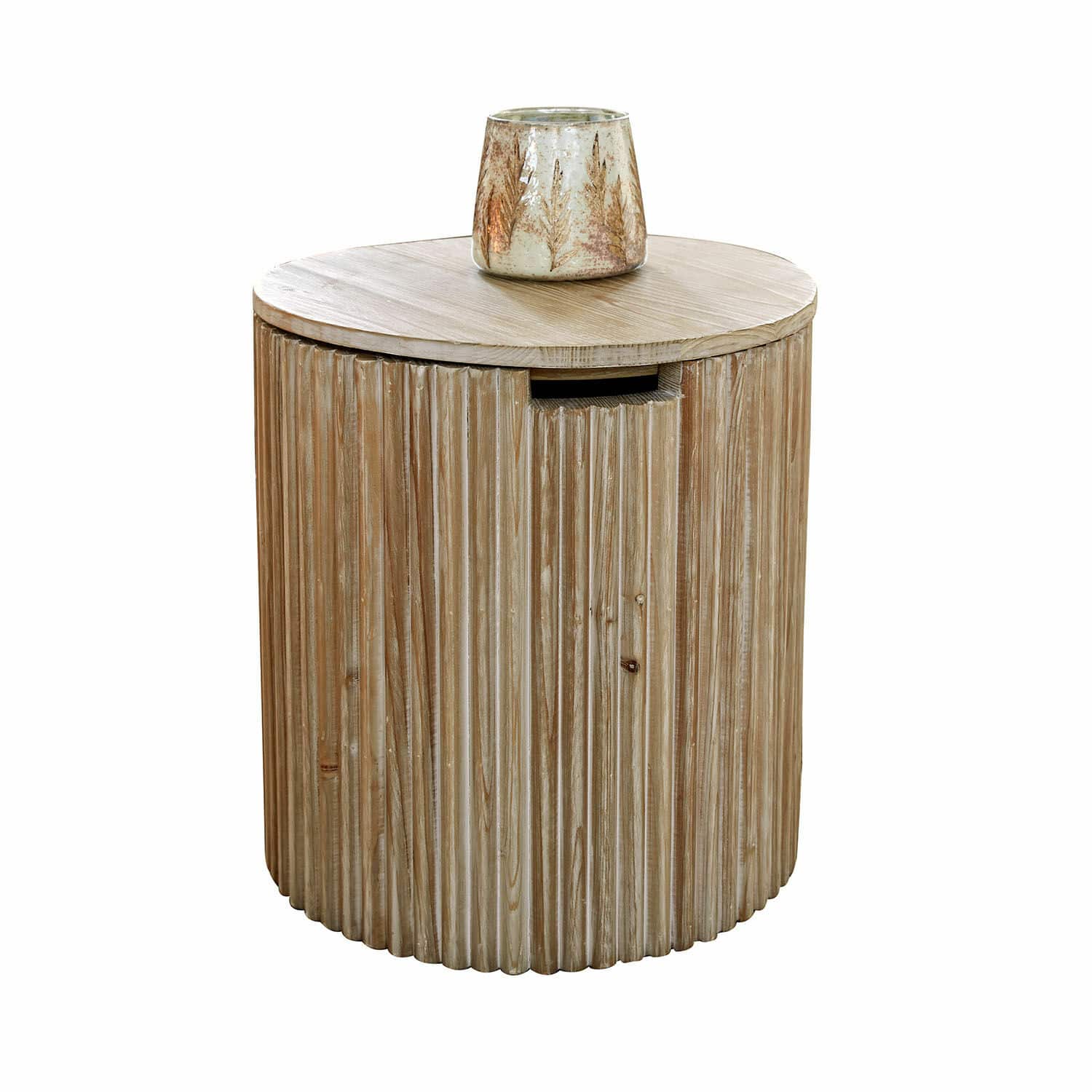 Beistelltisch Saintouré Runder Beistelltisch aus Holz in Naturfarbe mit dekorativem Windlicht auf der Oberfläche