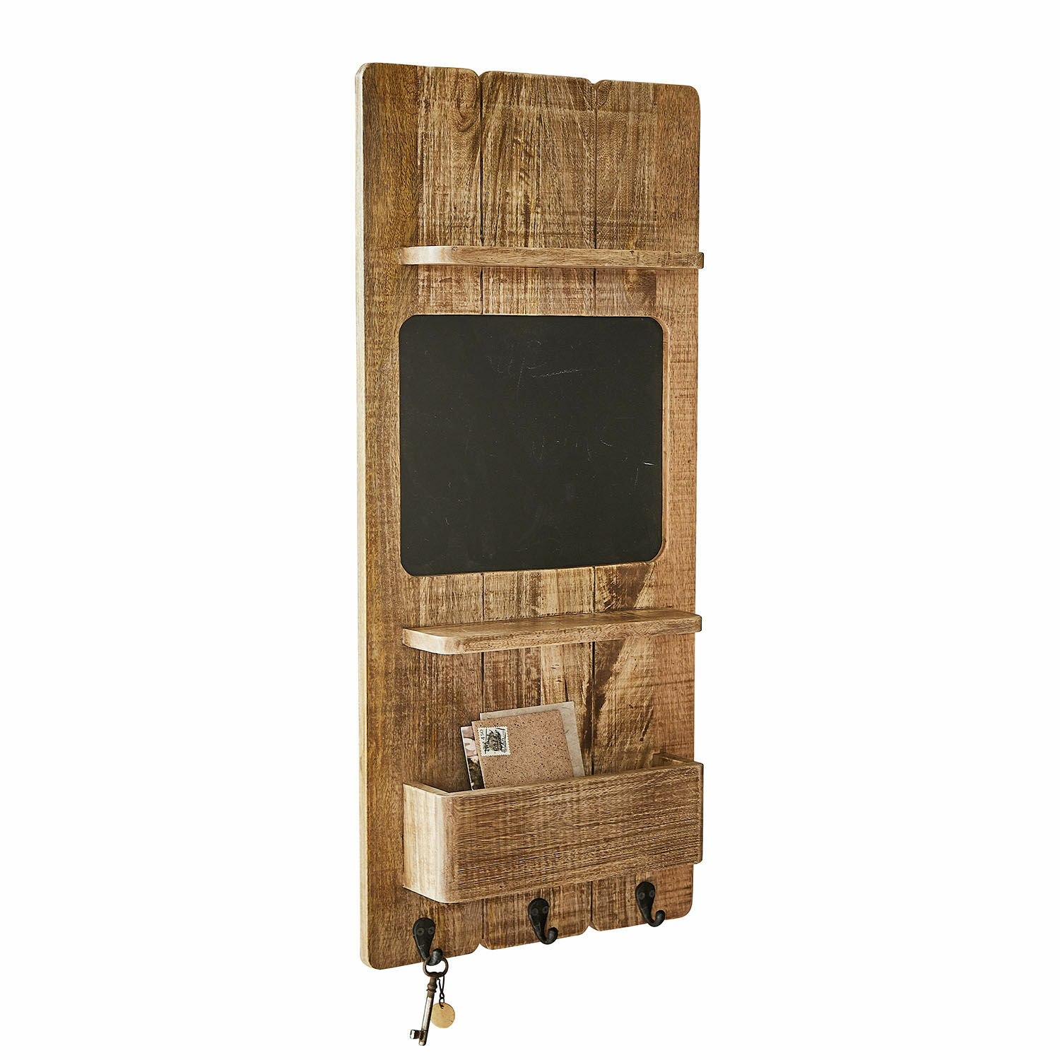 Wand-Organizer Seraphique Wandtafel aus Holz mit schwarzer Kreidetafel, Ablagen und schwarzen Haken für Schlüssel.