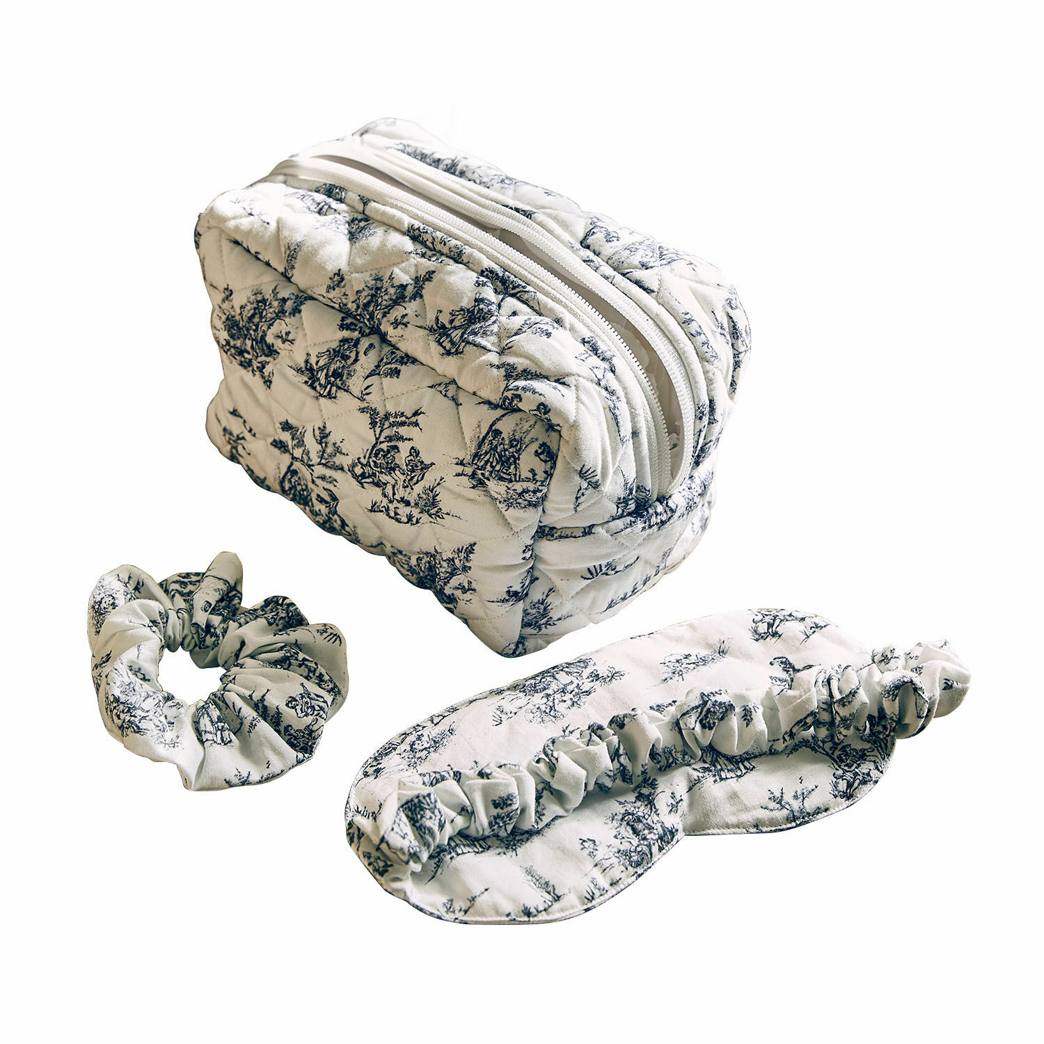 Schlaf-Set 3-teilig Felencio Kosmetikset aus Baumwolle in Weiss mit schwarzem Muster, mit Tasche, Haargummi und Schlafmaske