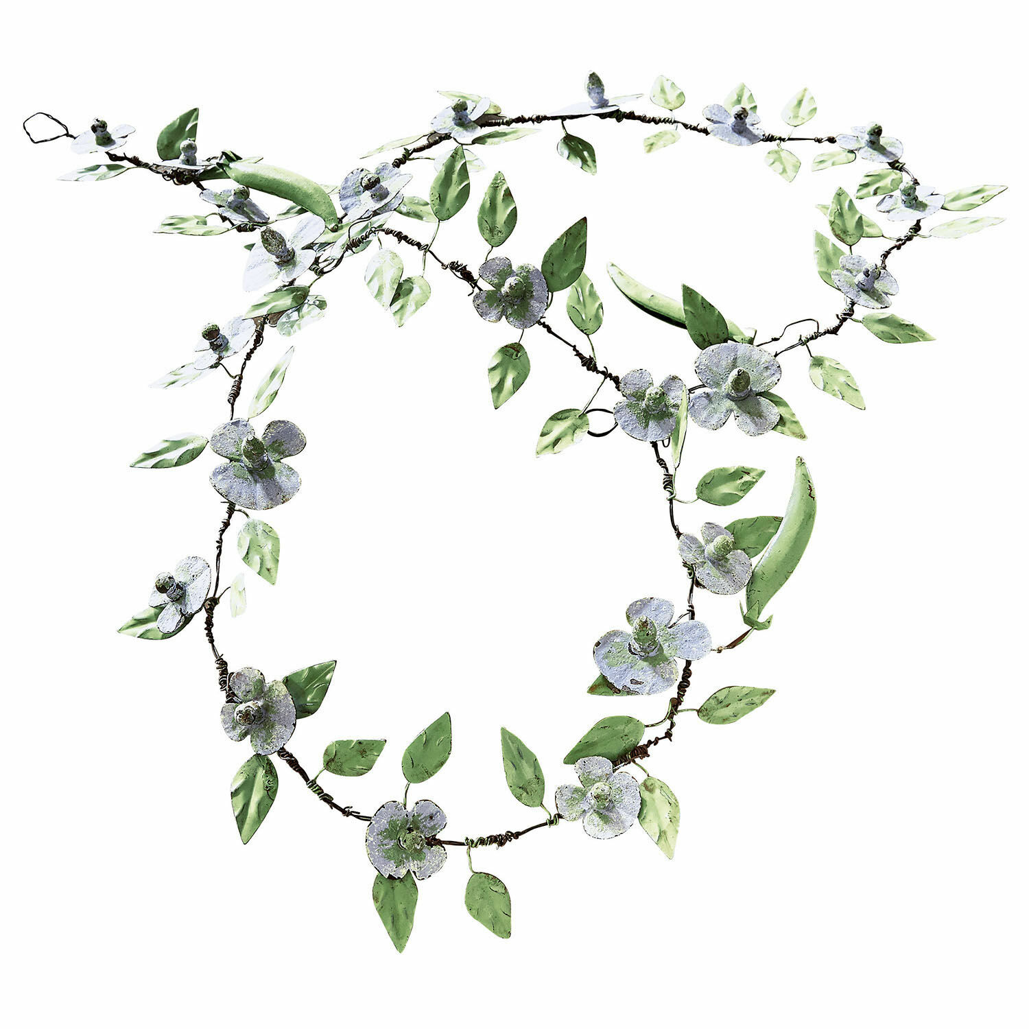 Girlande Cecilia Dekorative Metallgirlande mit grünen Blättern und weissen Blüten für Wohn- und Gartenbereich