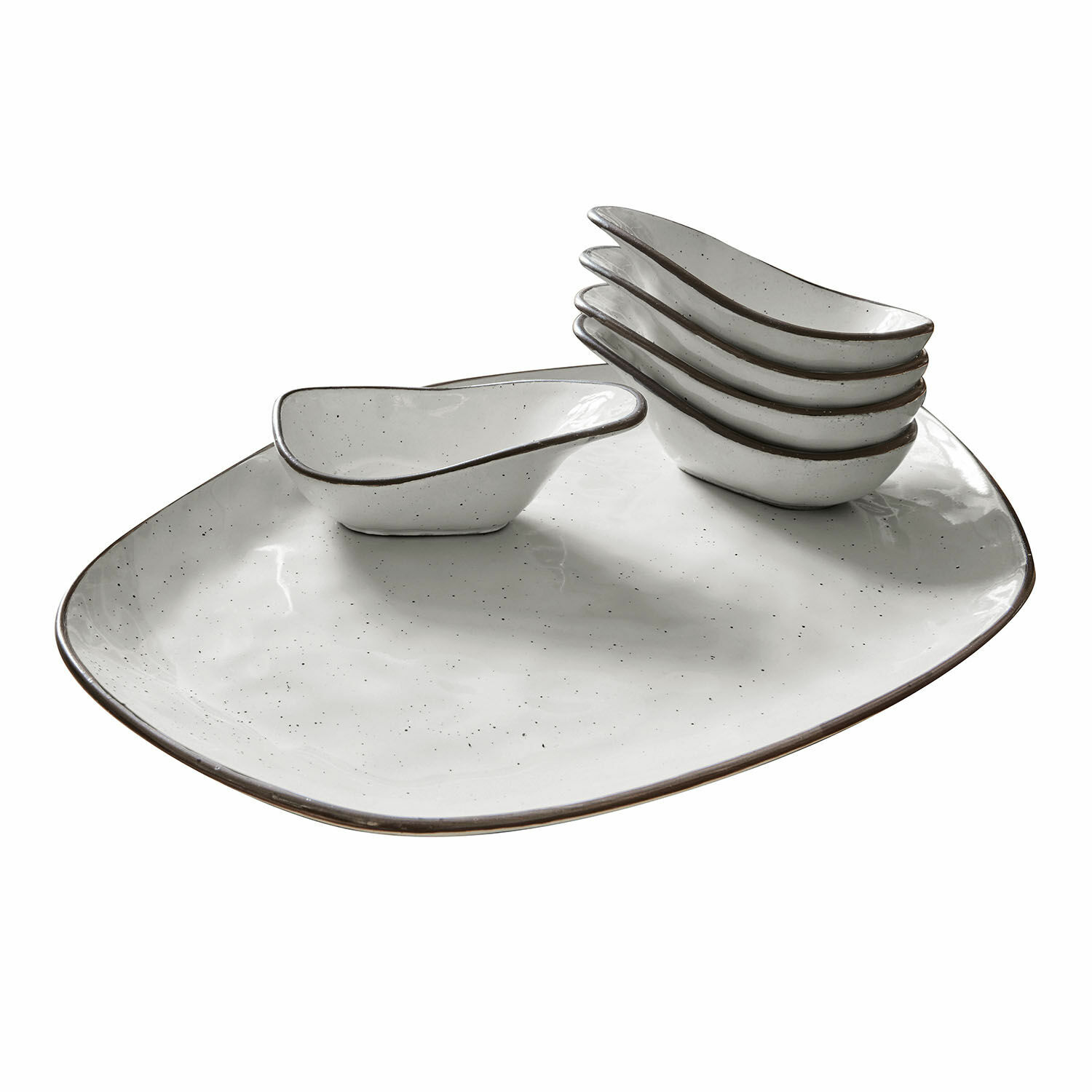 6-teiliges Set grauer Keramikschälchen Biarritz auf grossem Servierteller für Snacks
