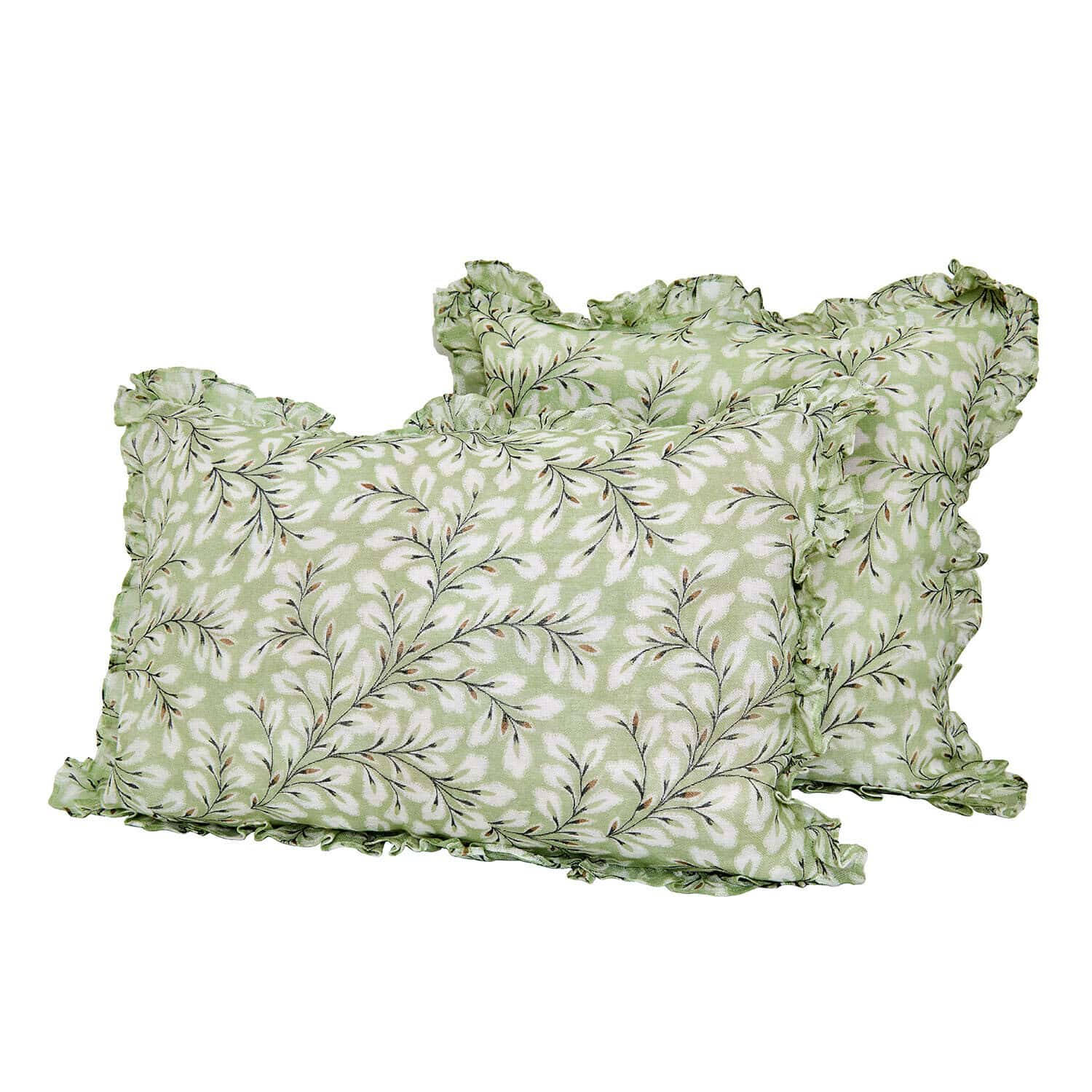 Kissenhülle 2er Set Norelline Grüne Baumwollkissen mit weissem Blattmuster und Rüsche, elegante Wohnraumdekoration
