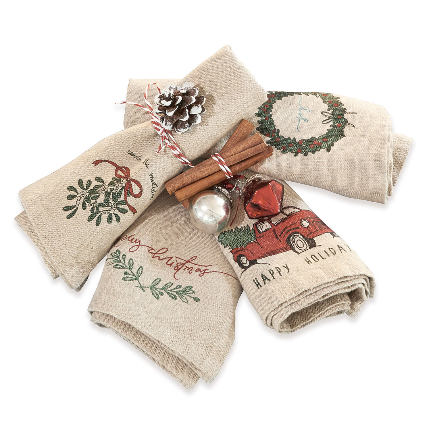 Serviette 4er Set Camon Leinen-Geschirrtücher mit Weihnachtsmotiven in Rot und Grün, festliche Küchendekorationen