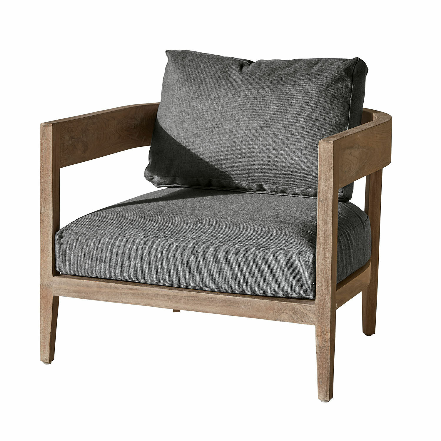 Sessel Courtelevant mit grauem Stoffbezug und braunem Holzgestell, moderner Wohnzimmerstuhl