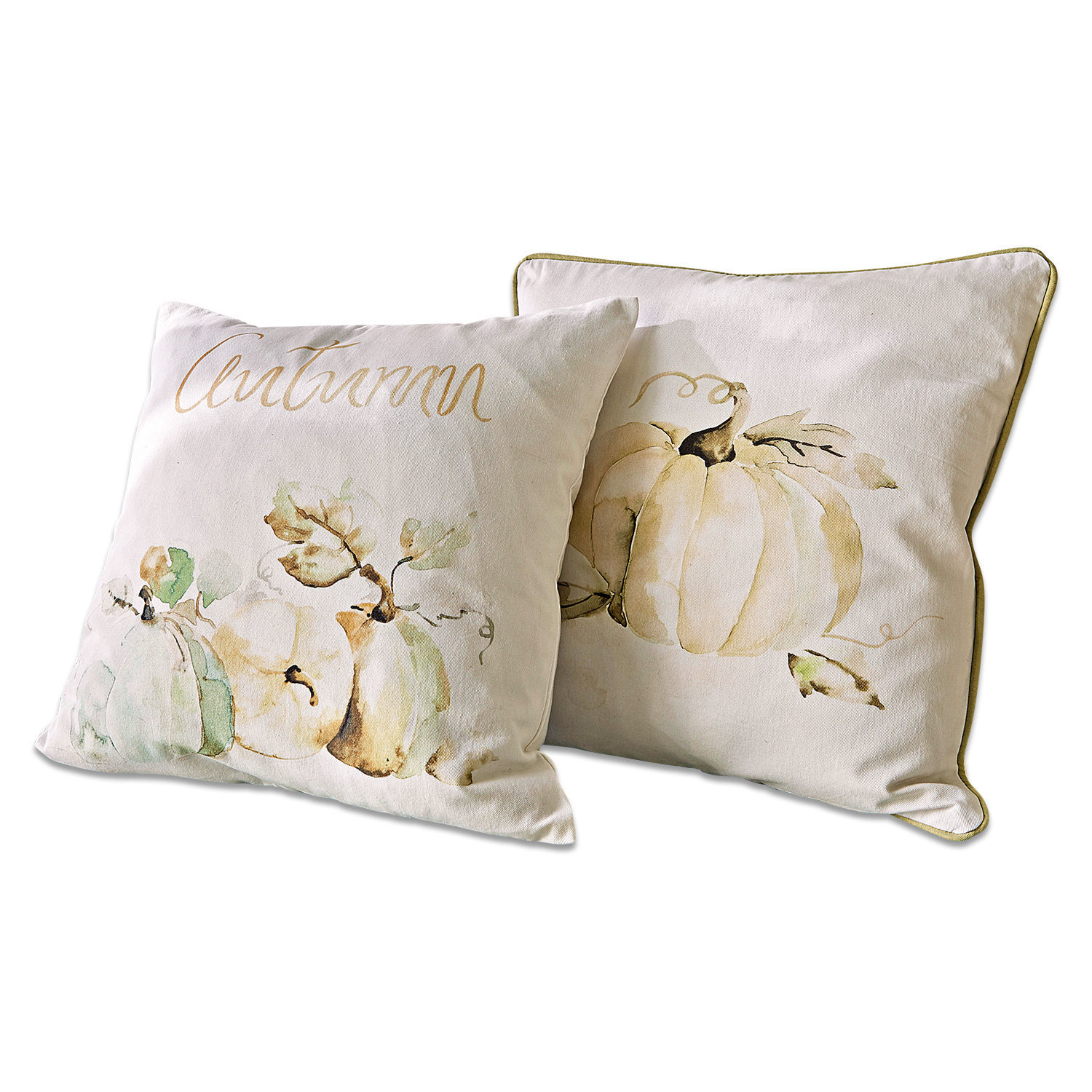 Kissenhülle 2er Set Laubard Set aus zwei cremefarbenen Baumwollkissen mit Kürbismotiv und Schriftzug autumn für Herbstdekoration.