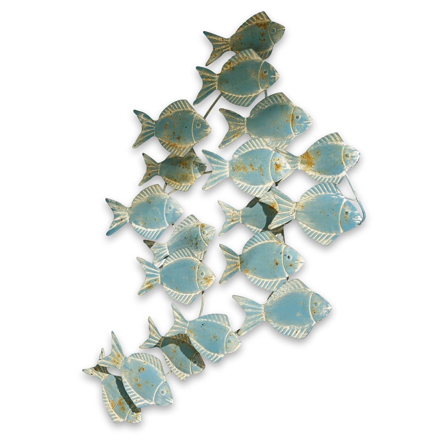 Wandornament Pesce Wanddekoration aus Metall mit einer Gruppe blauer Fische und antikem Look für ein maritimes Ambiente