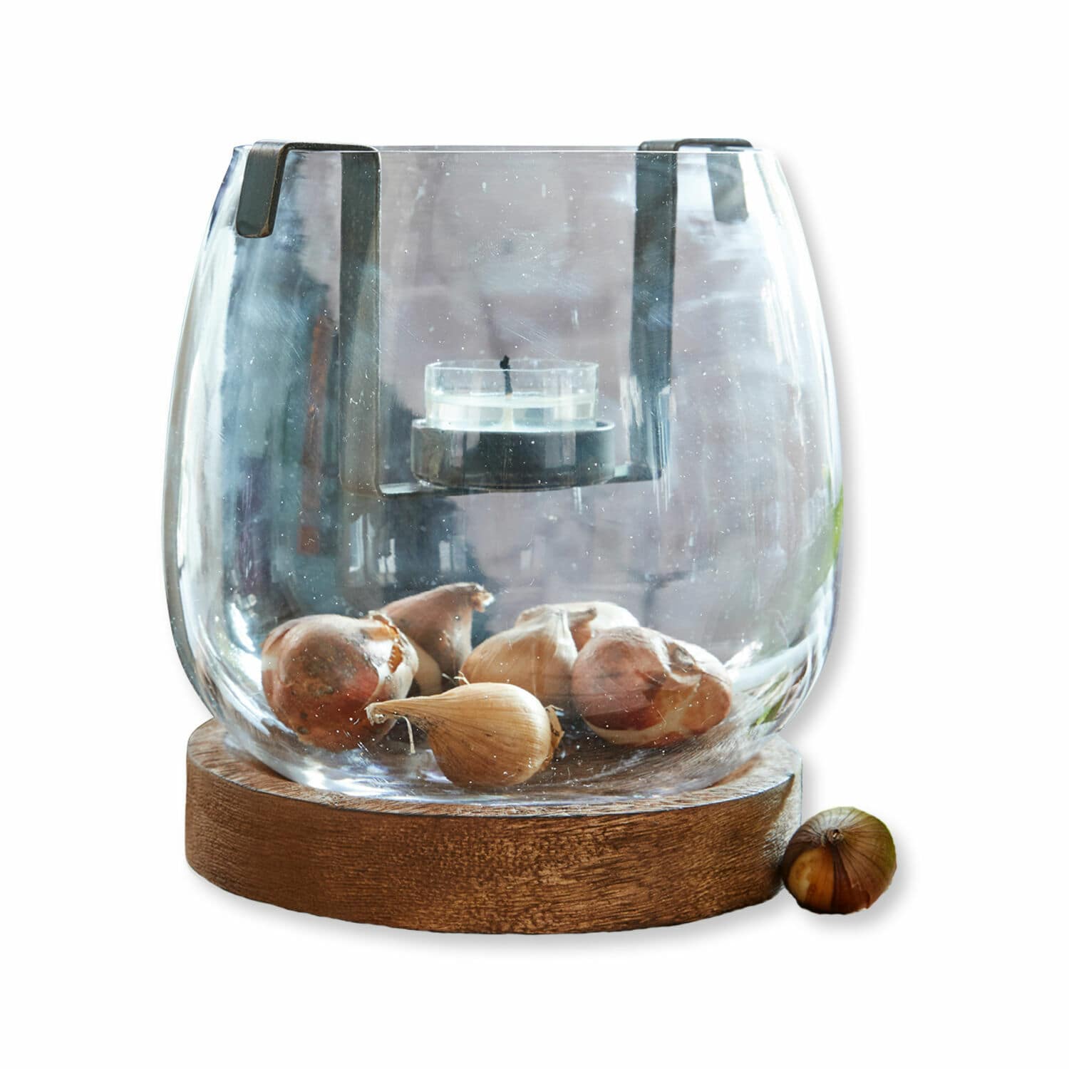 Glas-Windlicht Talcanne mit braunem Holzsockel und Metallgriff, dekoratives Wohnaccessoire