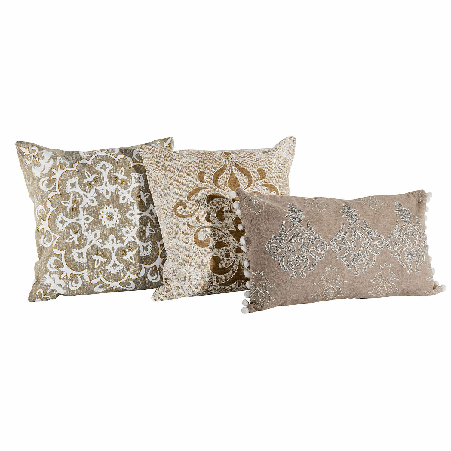 Kissenhülle 3er Set Emelin Drei dekorative Kissen in Beige mit Mustern und Pompons, Textilien für ein gemütliches Wohnzimmer