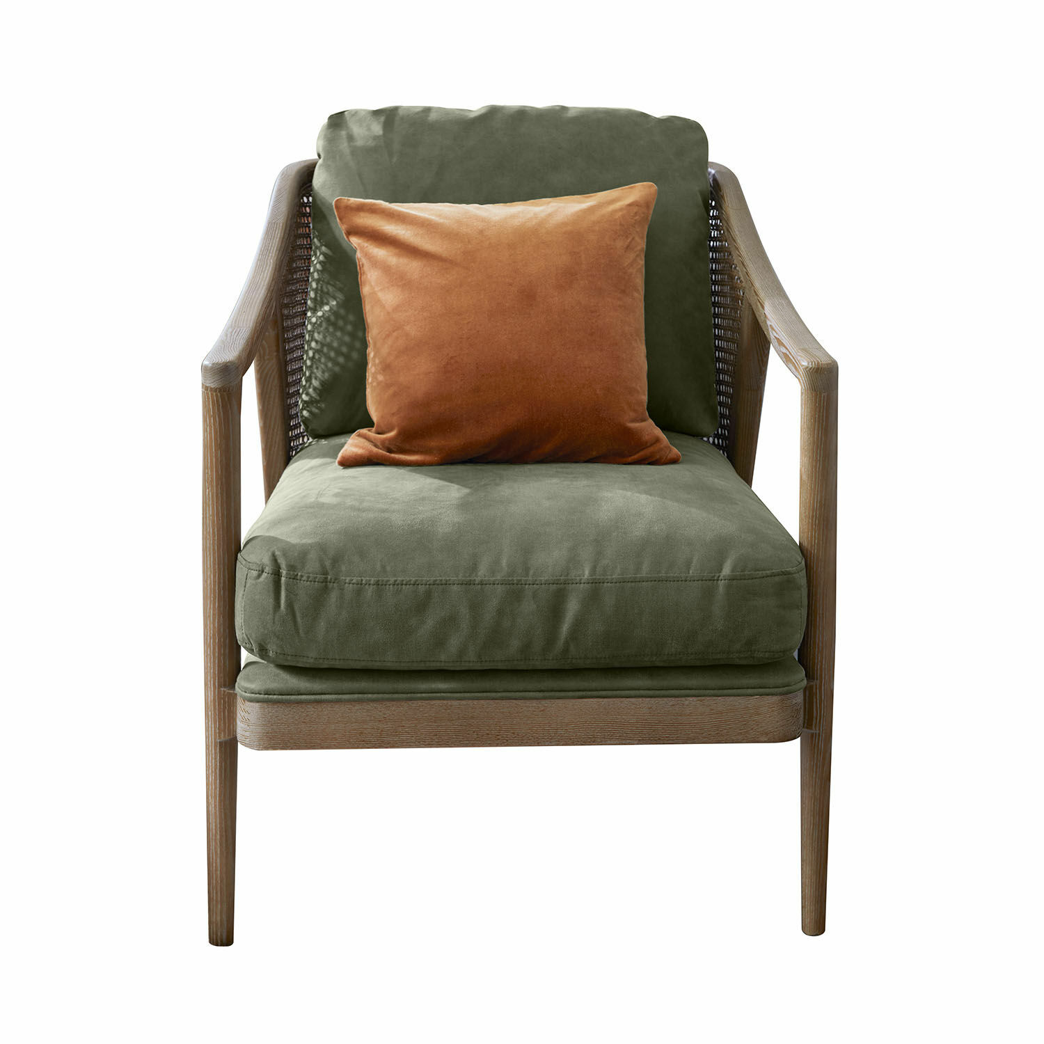 Sessel Monterina Sessel mit Holzrahmen, grünem Stoffbezug und orangefarbenem Dekokissen