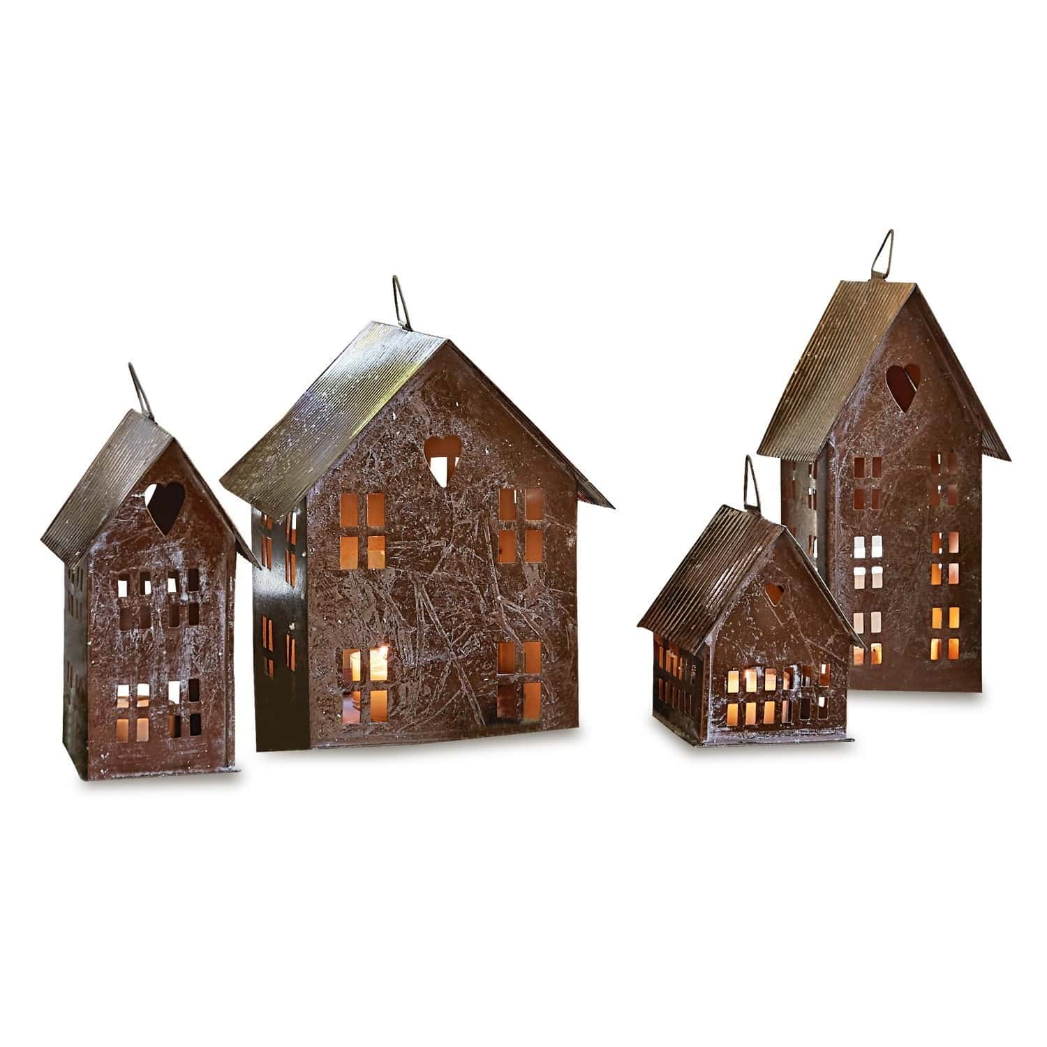 Laterne 4er Set Treyford Vier rostfarbene Metalllaternen in Hausform mit ausgeschnittenen Fenstern und Herzmotiven