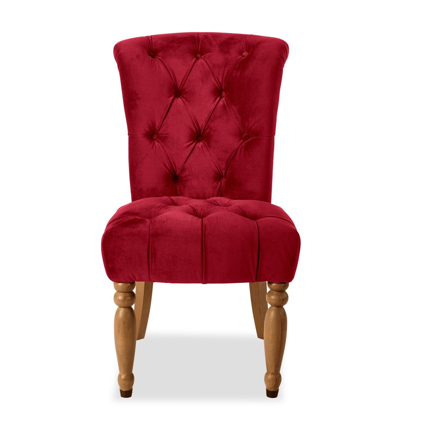 Roter Claville Stuhl mit samtigem Stoffbezug und gedrechselten Holzbeinen, eleganter Polsterstuhl