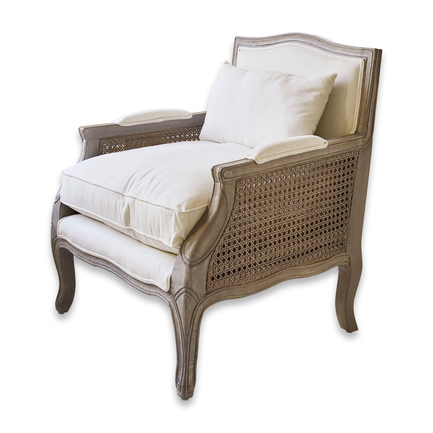 Sessel Alfort Eleganter Sessel aus Holz und Rattan in Grau mit cremefarbenen Kissen fürs Wohnzimmer