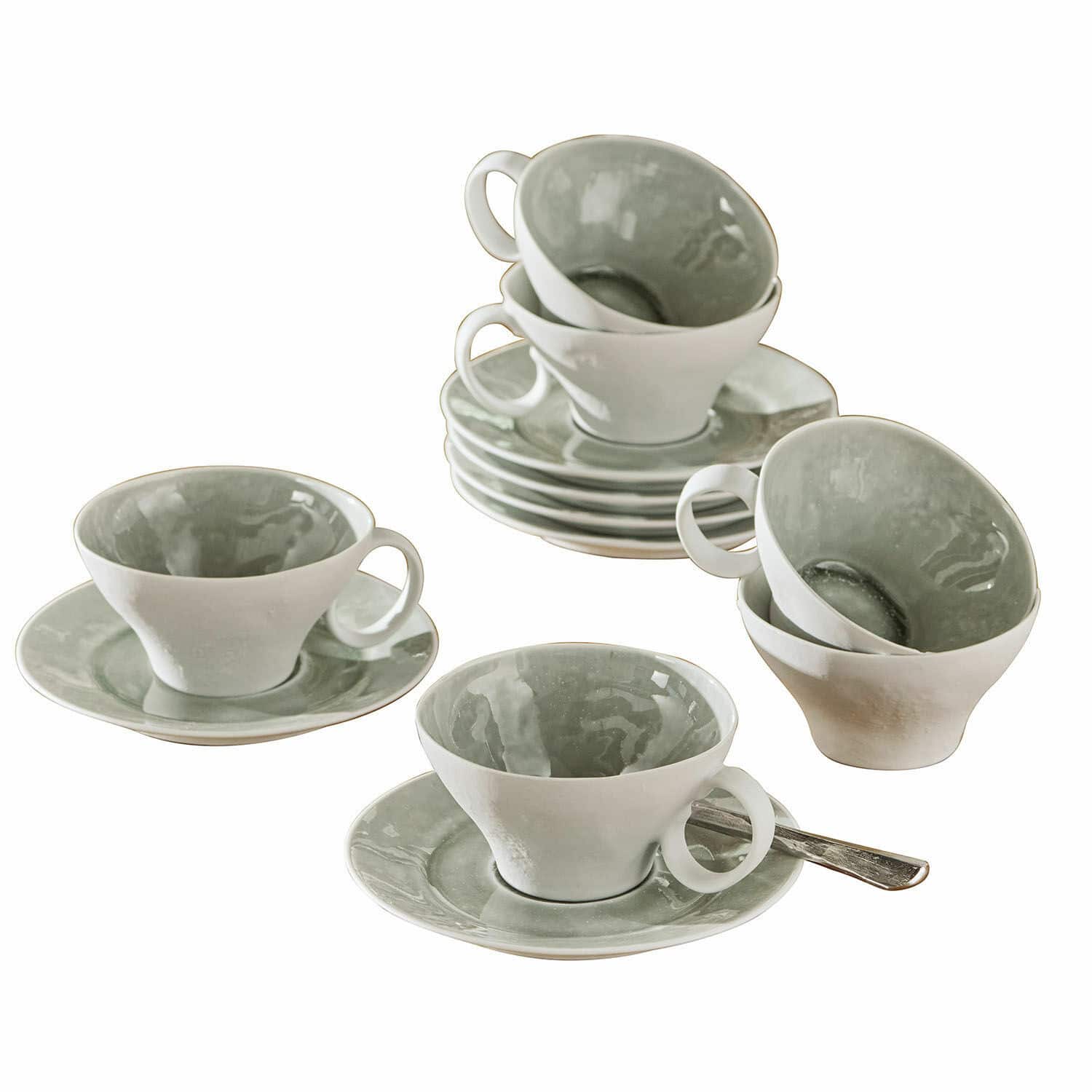 Tasse mit Untertasse 6er Set Braganza Set aus grauen und weissen Keramiktassen mit Untertassen für Kaffee oder Tee
