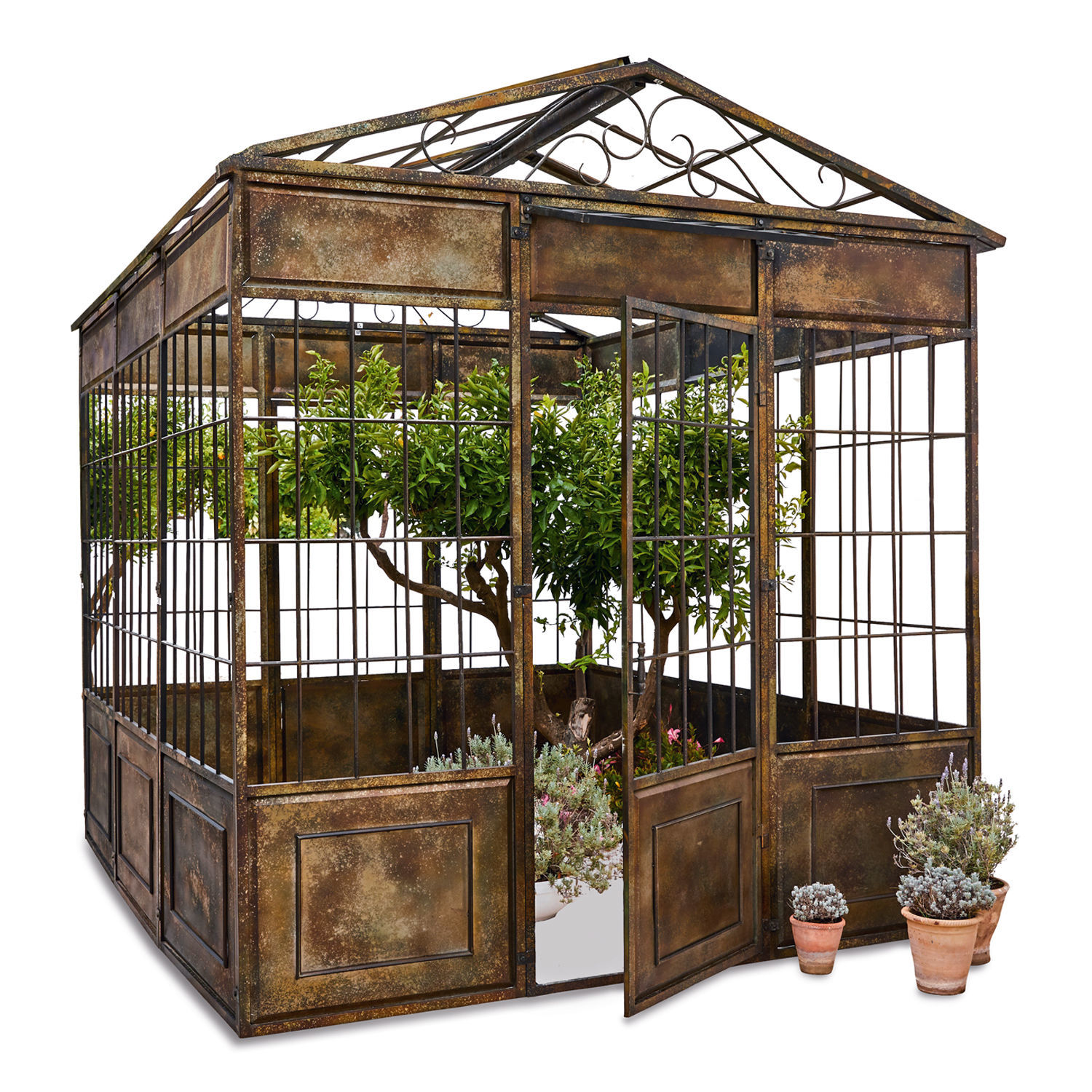 Pavillon Essone Metall-Orangerie mit geöffneter Tür und Pflanzen im Innern für den Garten
