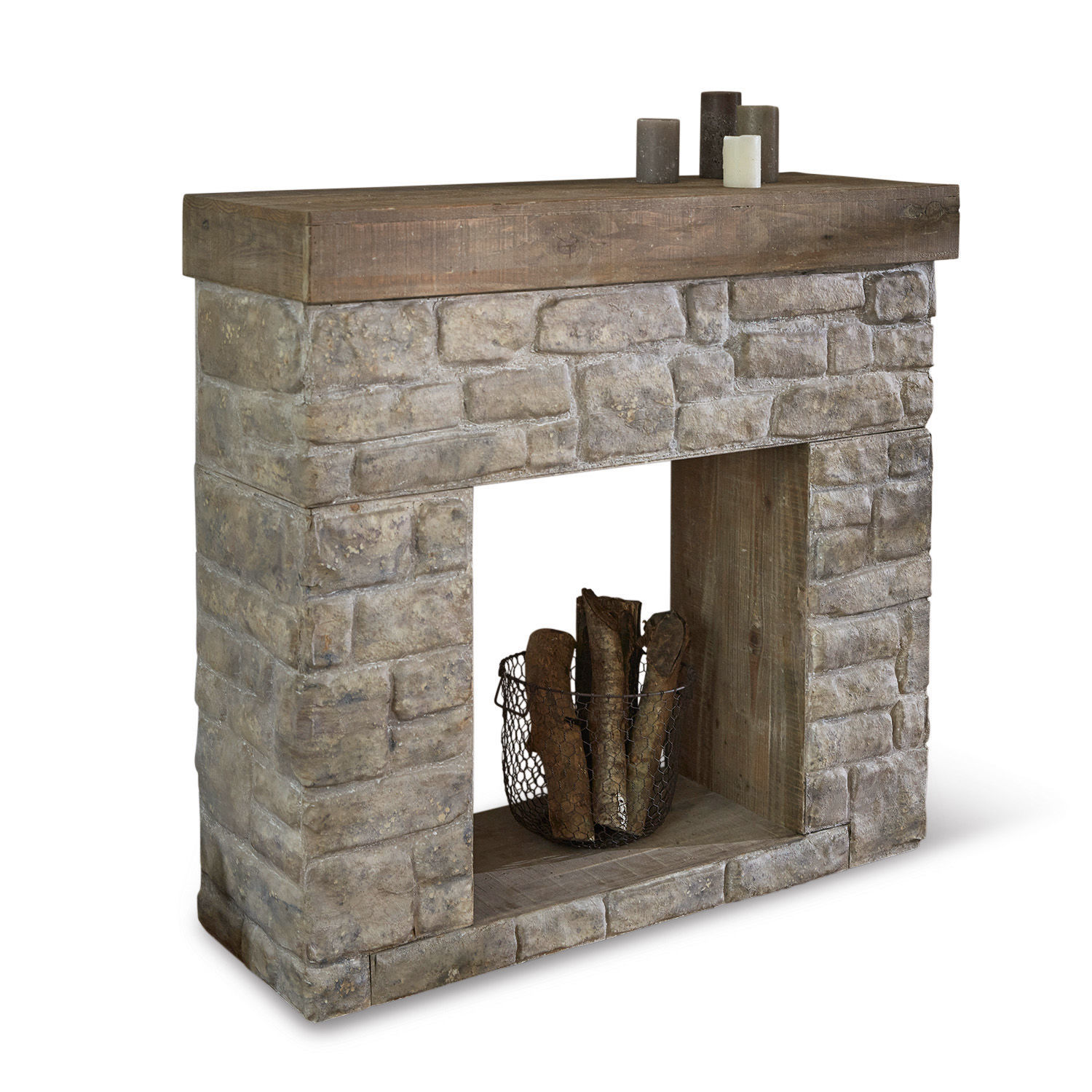 Kaminkonsole Evreux Dekorativer Kamin aus Holz und grauem Kunststein mit Holzkorb für Wohnräume