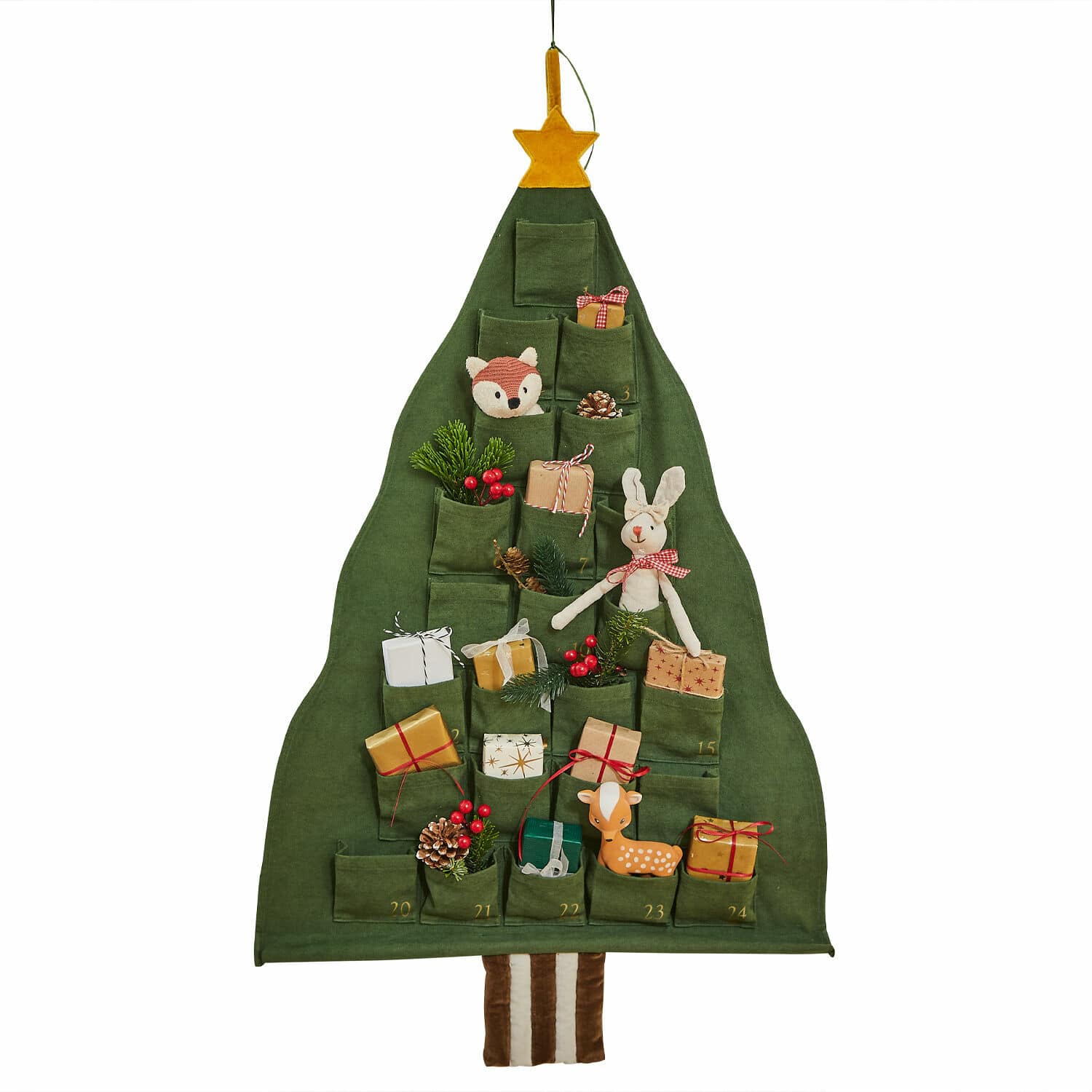 Adventskalender Talira Grüner Adventskalender aus Stoff in Form eines Tannenbaums mit Taschen und Weihnachtsdekorationen