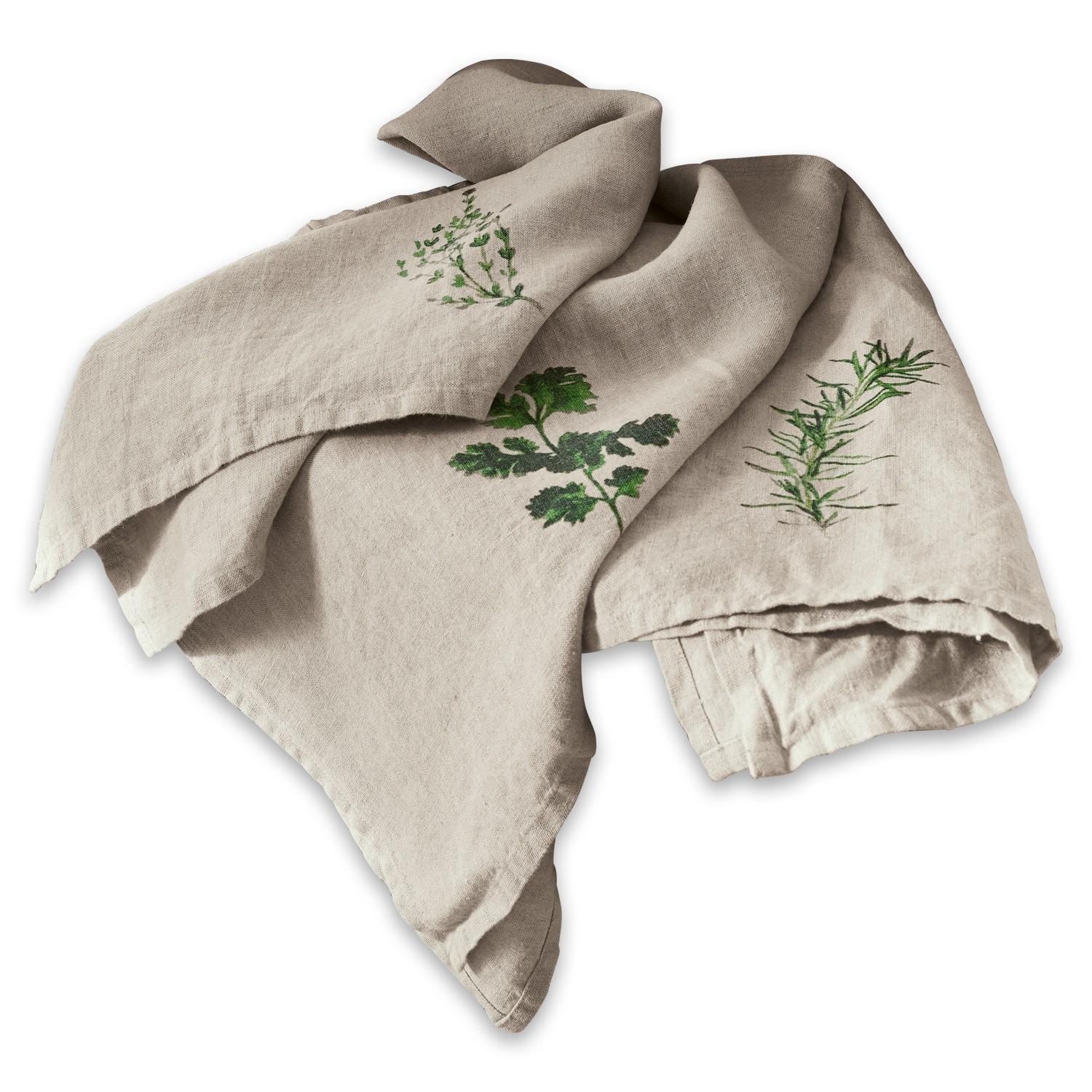 Geschirrtuch 3er Set Herbal Gardens Beiges Leinen-Geschirrtuch mit grünen Kräutermotiven, praktisches Küchentextil