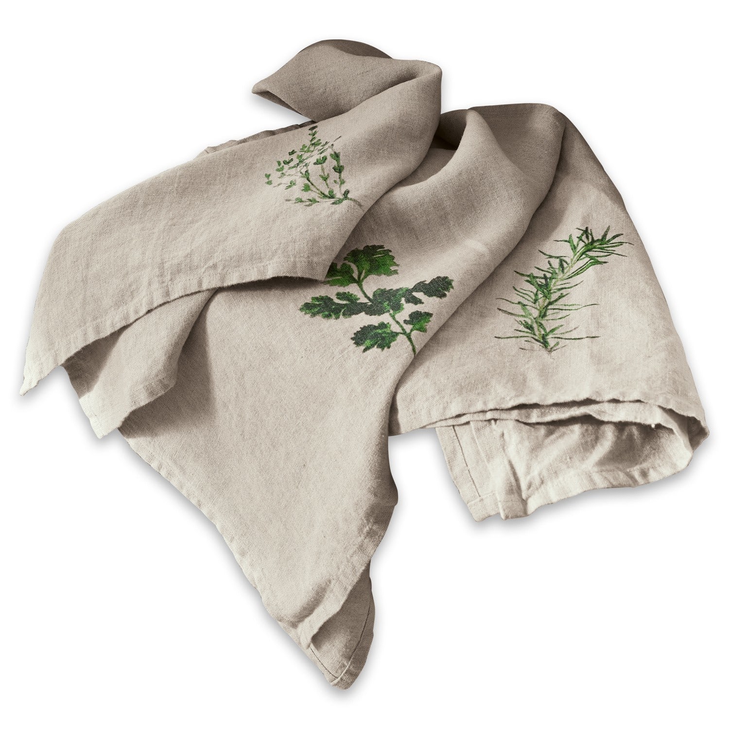Geschirrtuch 3er Set Herbal Gardens Beiges Leinen-Geschirrtuch mit grünen Kräutermotiven, praktisches Küchentextil