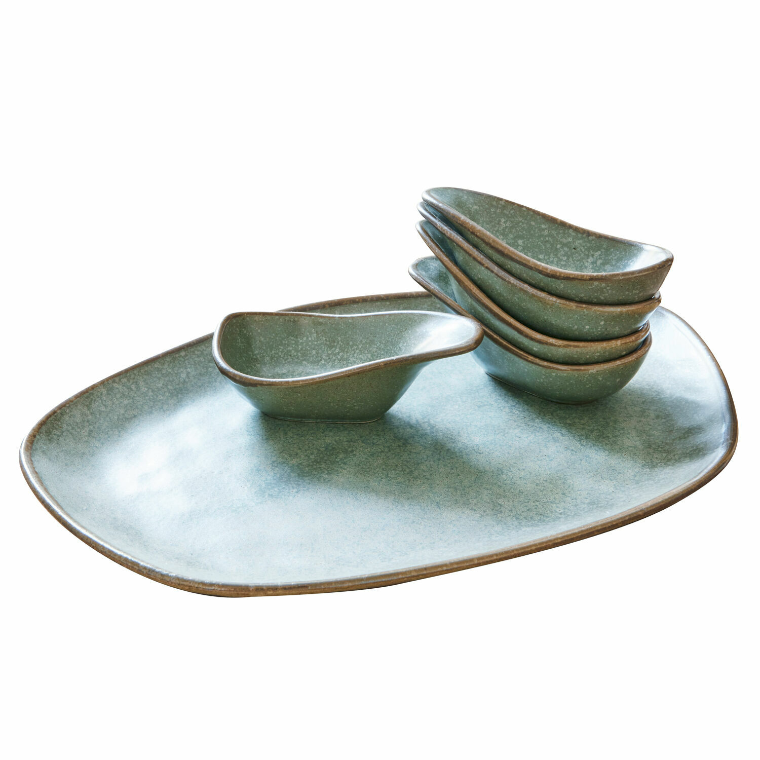 6-teiliges Set Biarritz Servierschälchen aus Keramik in Türkis und Braun auf grossem Tablett