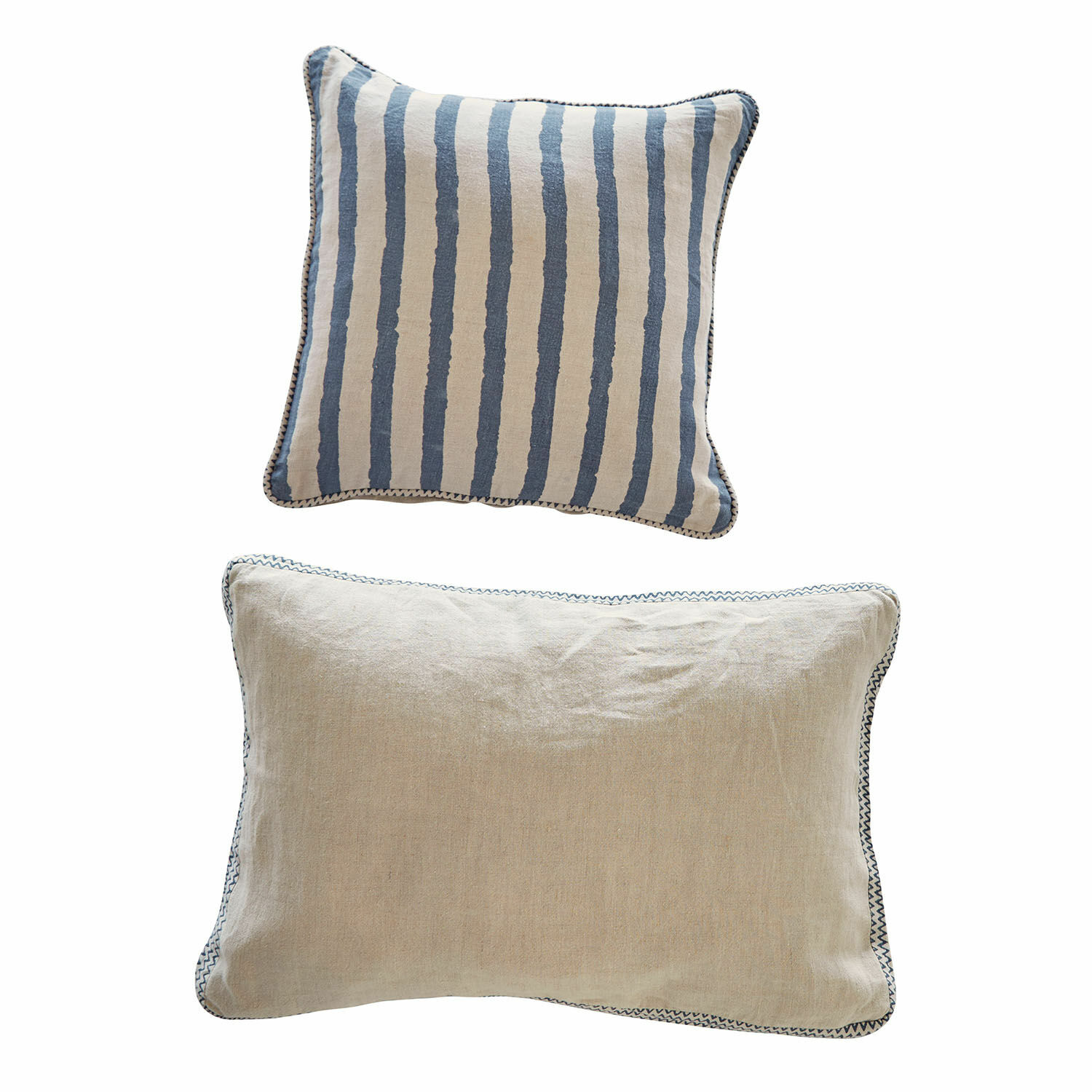 Kissenhülle 2er Set Alarindor Set aus zwei dekorativen Baumwollkissen in Beige und Blau mit Streifenmuster für das Wohnzimmer