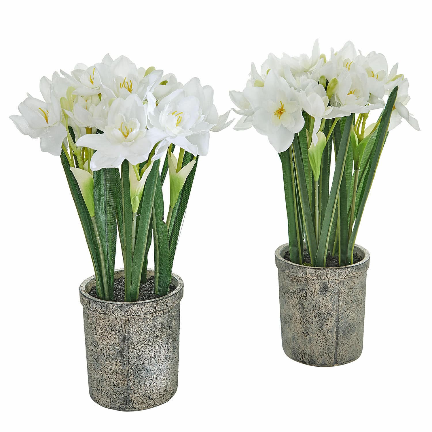 Deko-Blume 2er Set Soralen Künstliche weisse Blumen in grauem Steintopf, grüne Blätter, Dekoration für Innenräume