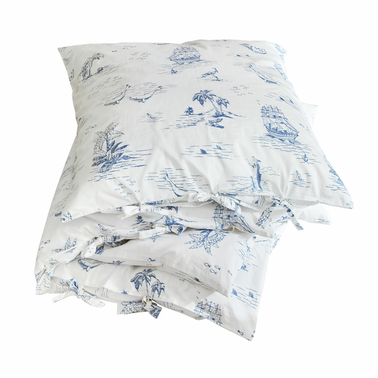 Bettwäsche Douxie Bettwäsche aus Baumwolle in Weiss mit blauen maritimen Motiven, Segelschiffen und Palmen, dekorativ