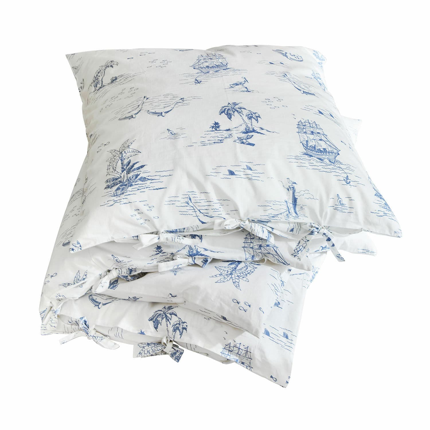 Bettwäsche Douxie Bettwäsche aus Baumwolle in Weiss mit blauen maritimen Motiven, Segelschiffen und Palmen, dekorativ