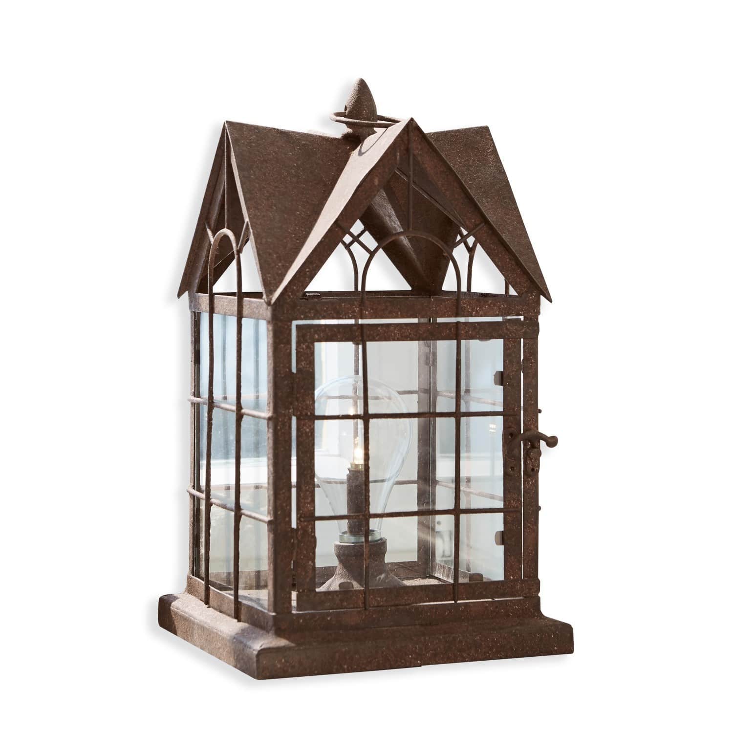 LED-Laterne Manor House Metalllaterne in Hausform mit brauner Patina und klarem Glas zur Wohnraumdekoration