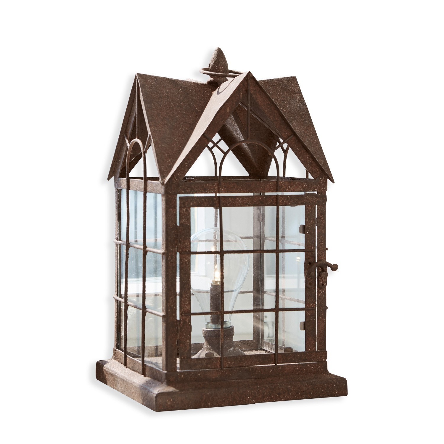 LED-Laterne Manor House Metalllaterne in Hausform mit brauner Patina und klarem Glas zur Wohnraumdekoration