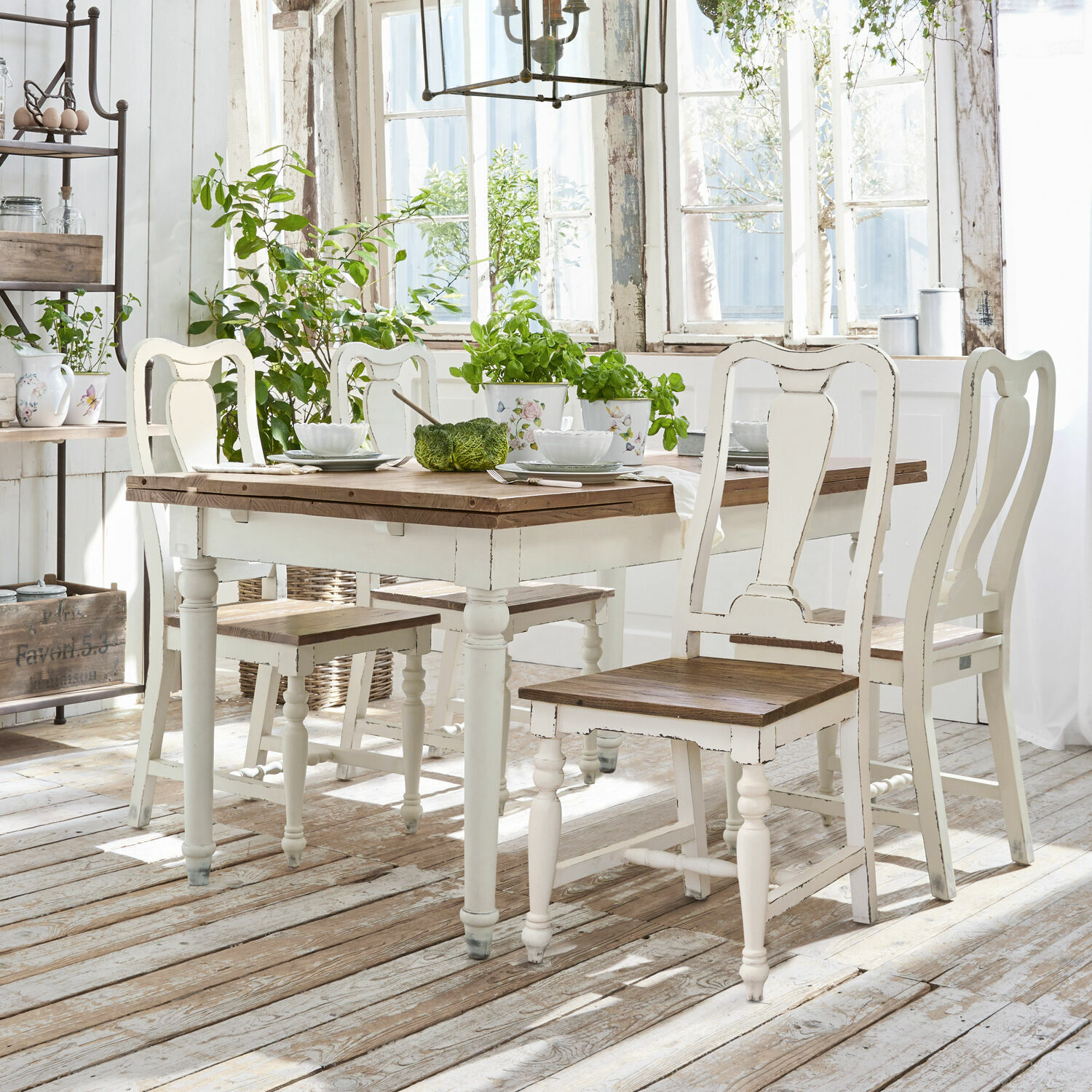 Tisch Bradford Rustikaler Esstisch und Stühle aus Holz in Weiss und Naturfarben in hellem Esszimmer mit Pflanzen