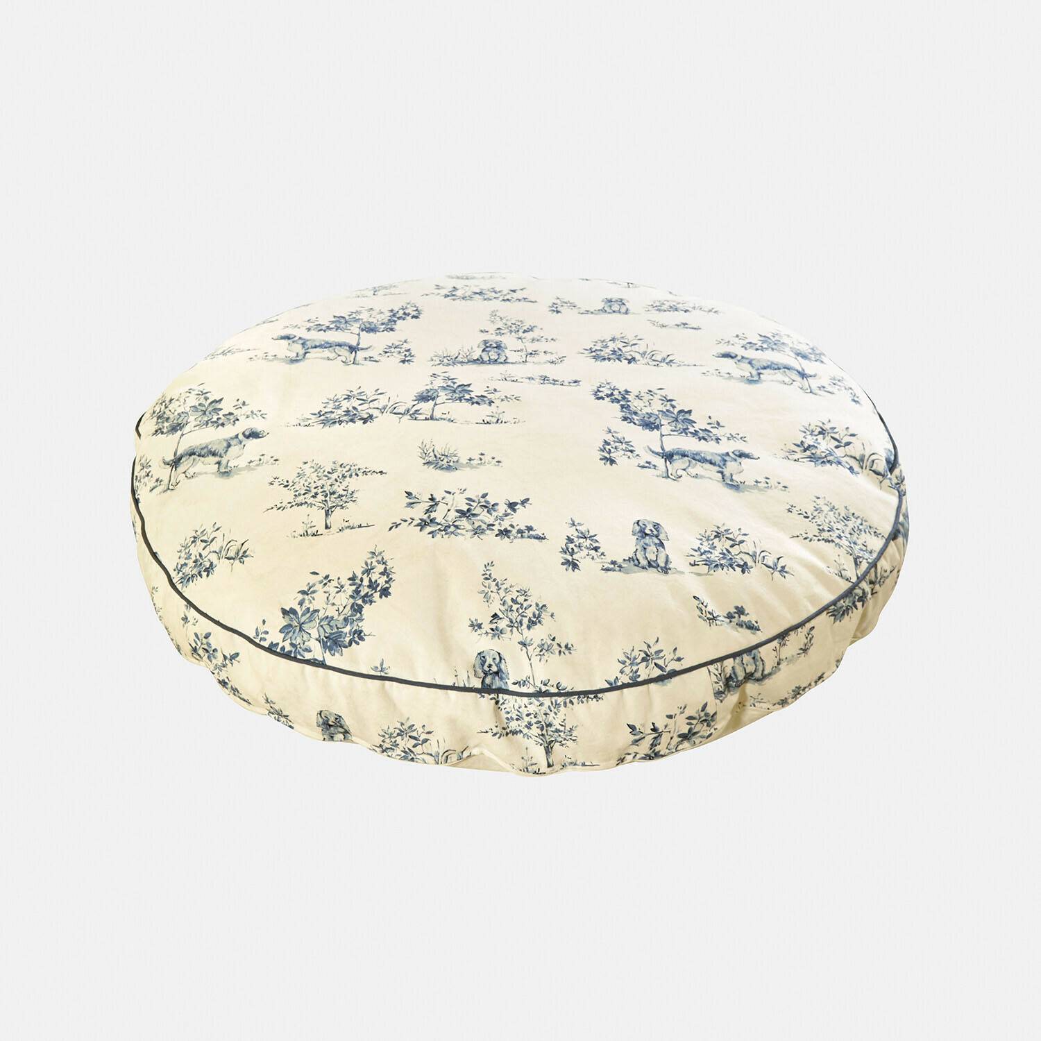 Hundematratze Ymélorine Rundes Baumwollkissen in Creme mit blauem Hunde- und Pflanzenmuster als Dekoration