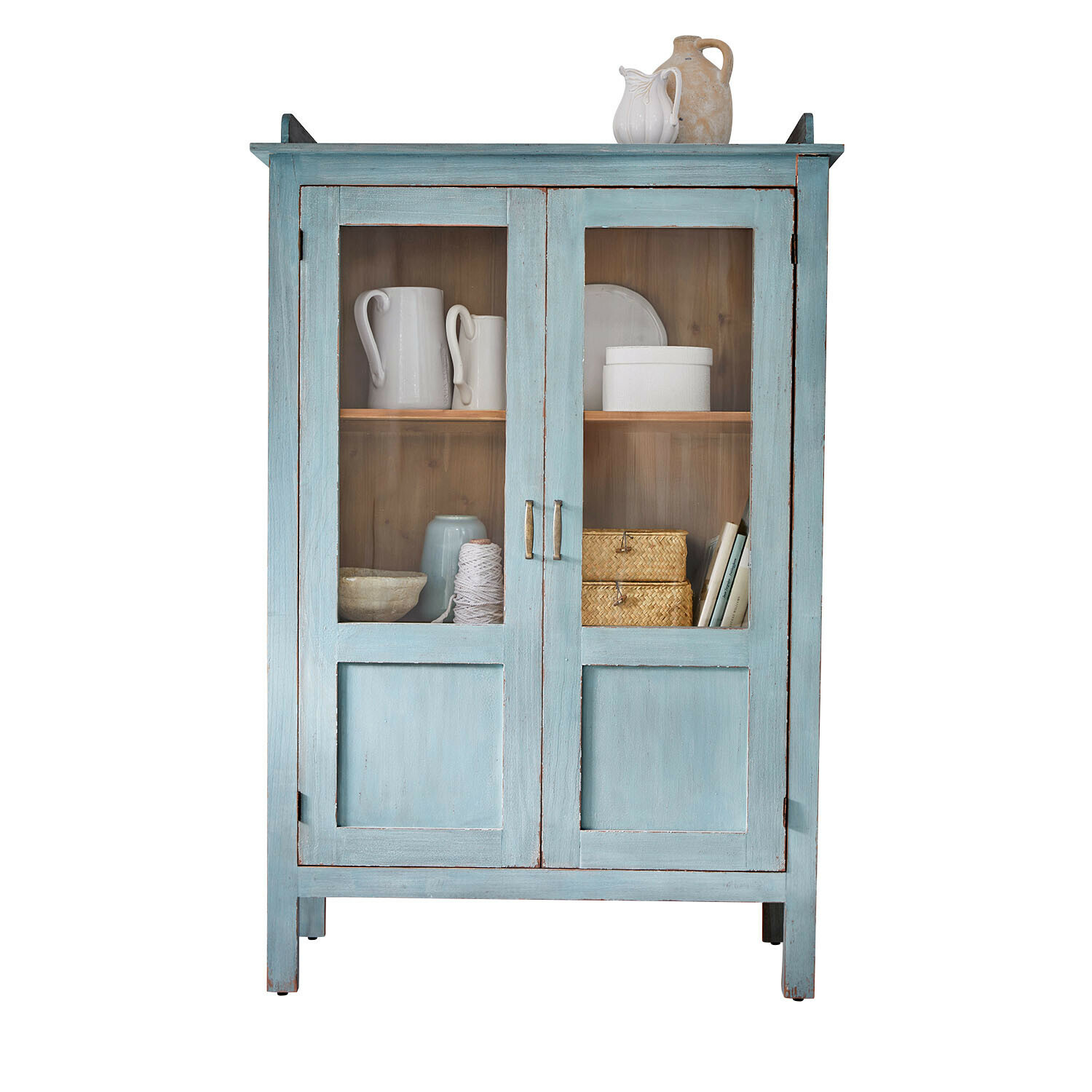 Vitrine Nouvellese Blauer Holzschrank mit Glastüren und dekorativem Geschirr im Innern