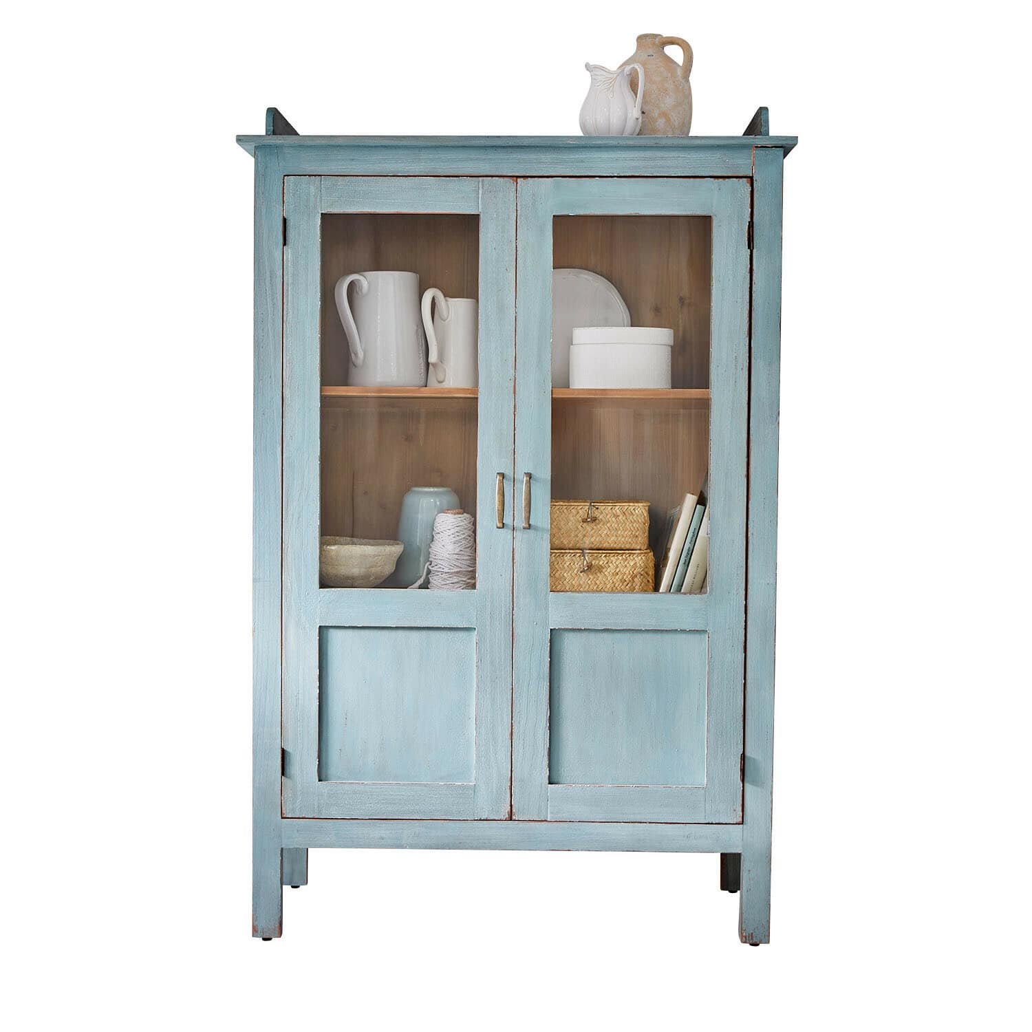 Vitrine Nouvellese Blauer Holzschrank mit Glastüren und dekorativem Geschirr im Innern