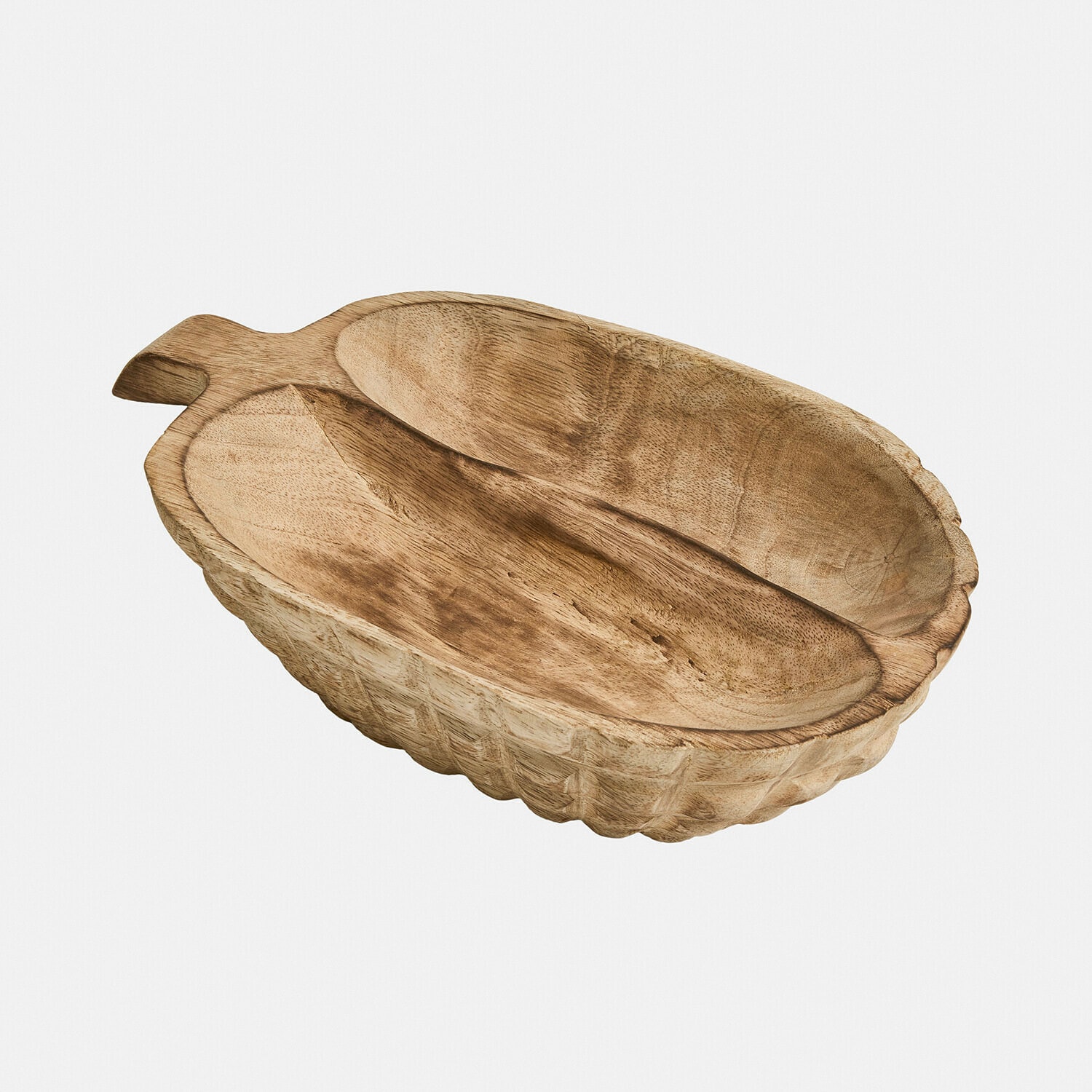 Dekorative Holzschale in Naturfarbe mit zwei Fächern und geschnitztem Griff