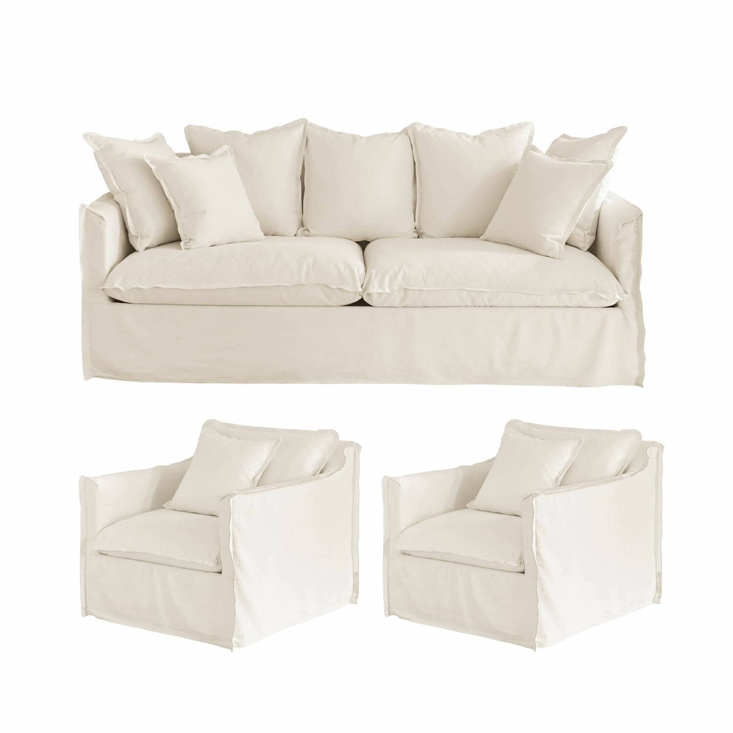 Sitzgruppe Tienen in Creme aus Stoff mit Sofa und zwei Sesseln für das Wohnzimmer