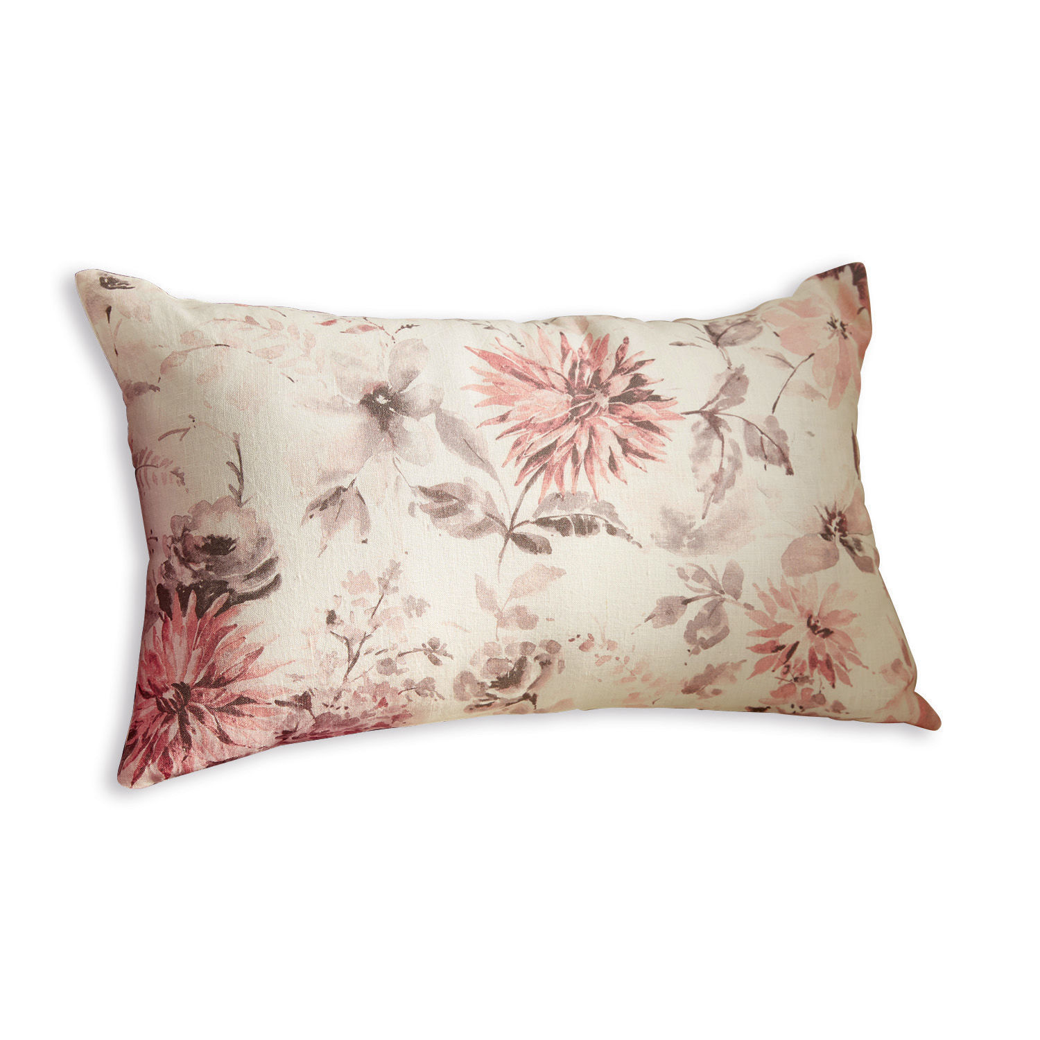Rechteckiges Dekokissen aus Baumwolle in Creme mit rosafarbenem Blumenmuster