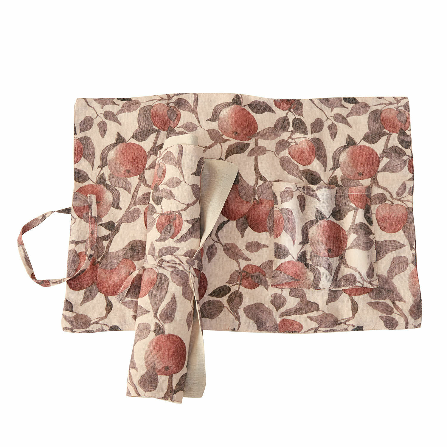 Platzset 2er Set Zaveline Beige Leinen-Schürze mit rotem Apfelmuster und Taschen, Küchenaccessoire
